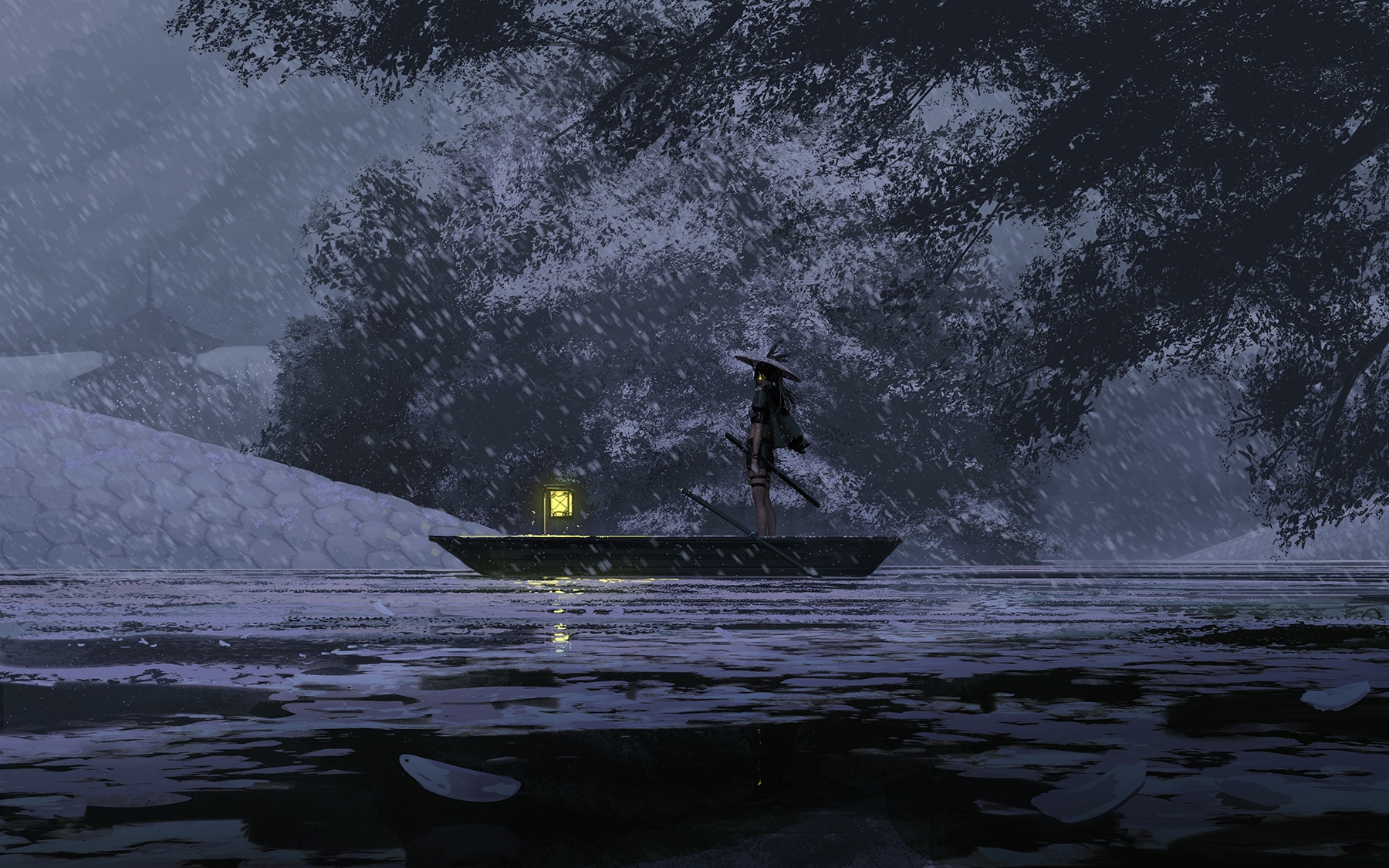 Fantasy girl in a boat with a lantern in the rain HD Wallpaper