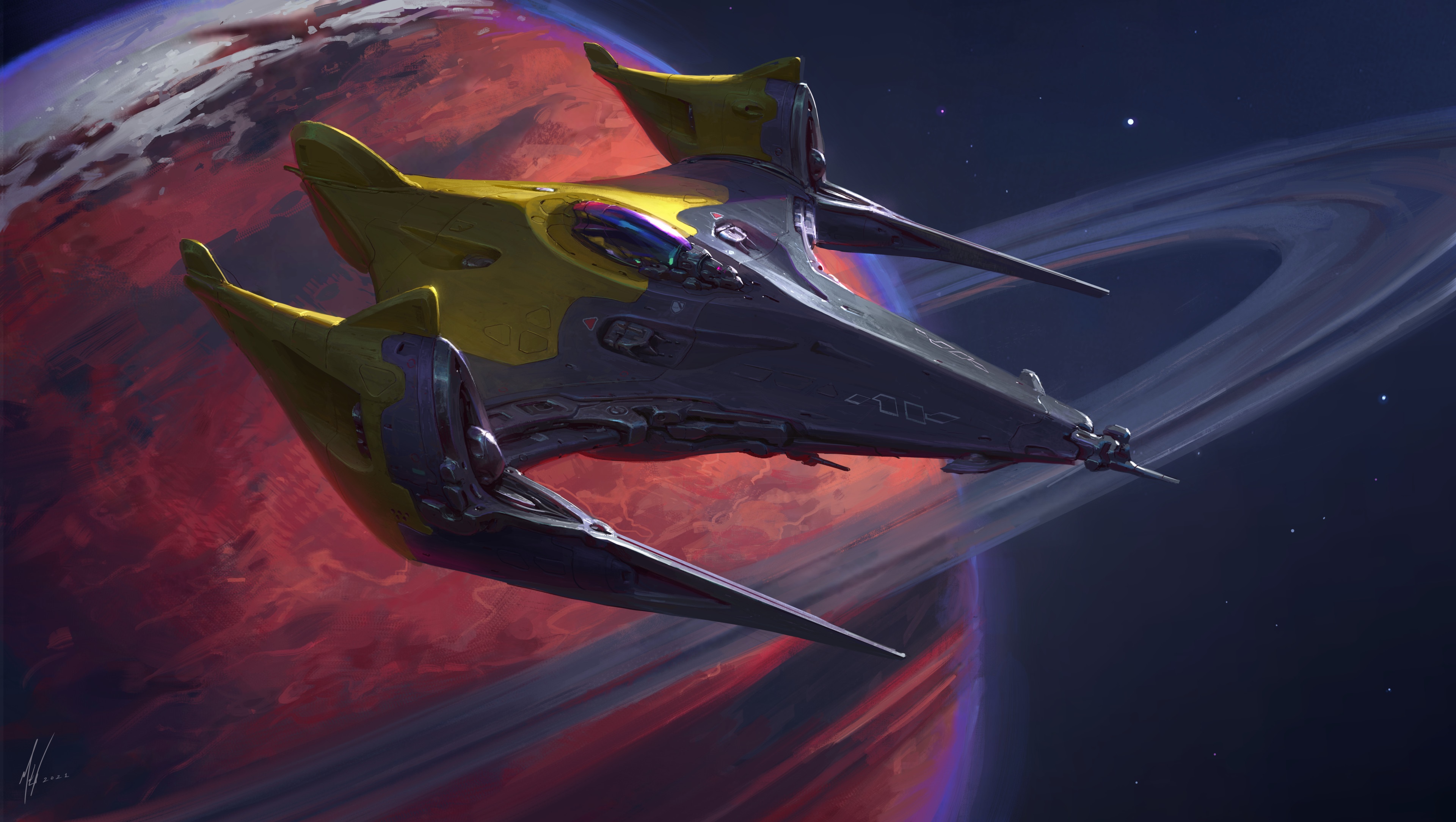 Spaceship near a ringed planet HD Wallpaper
