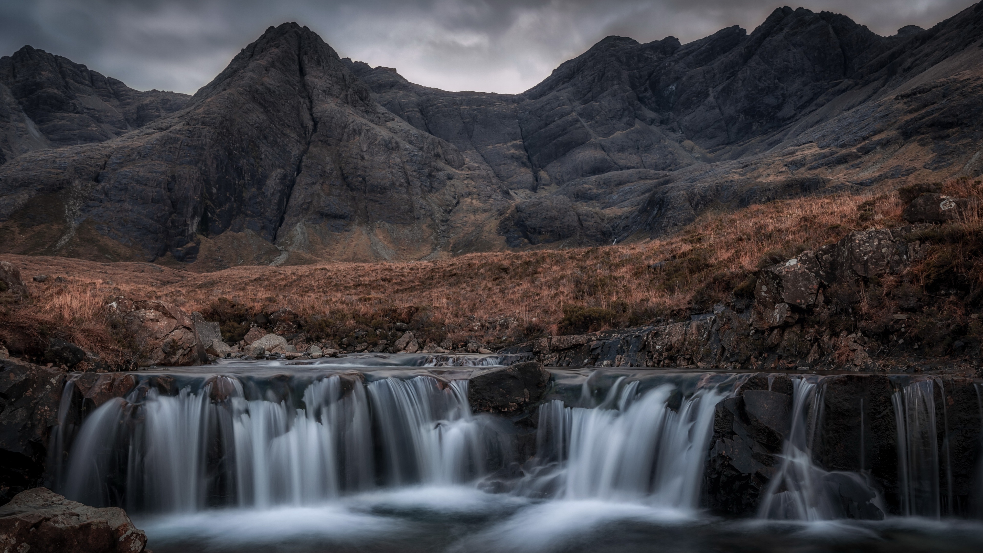 4K Waterfall in Mountains HD Wallpaper