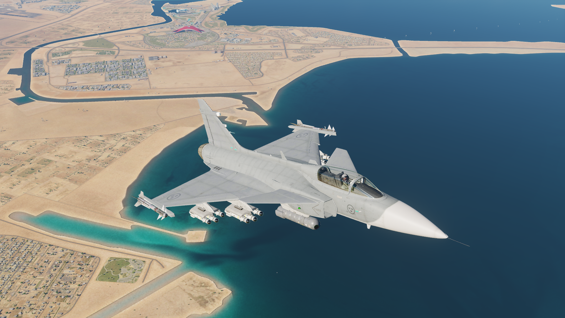 JAS-39 Gripen flying over a coastal city in Digital Combat Simulator HD Wallpaper