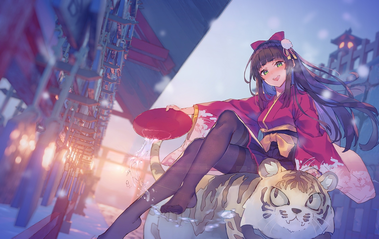 Anime girl in kimono with tiger HD Wallpaper