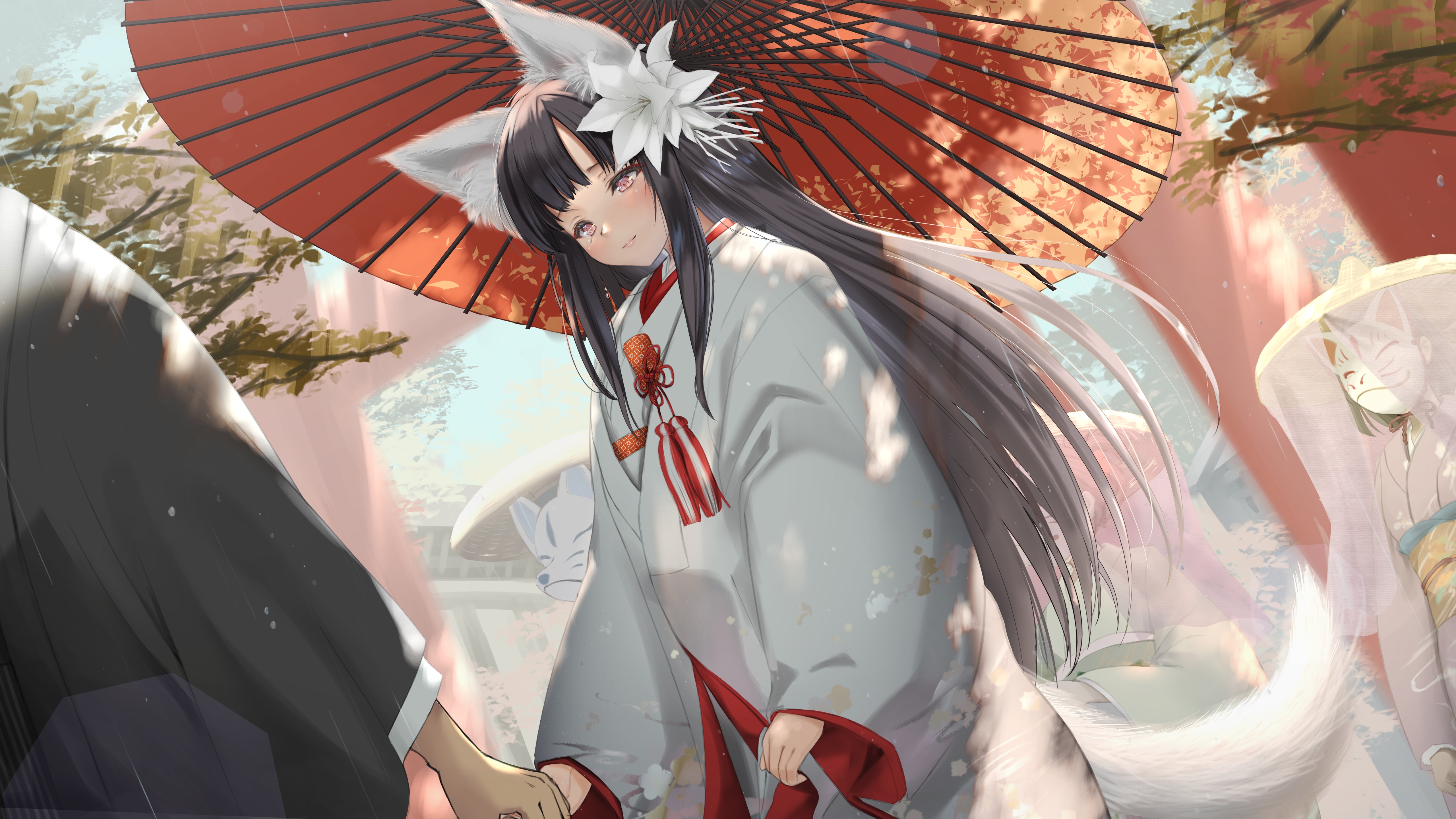 Fox girl in wedding attire under an umbrella HD Wallpaper