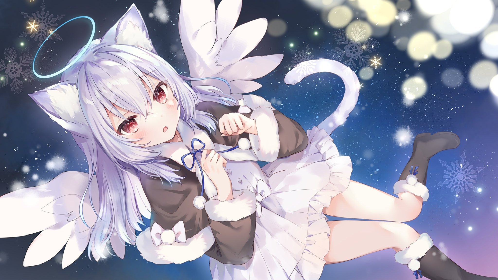Anime cat girl with wings and halo in snow HD Wallpaper