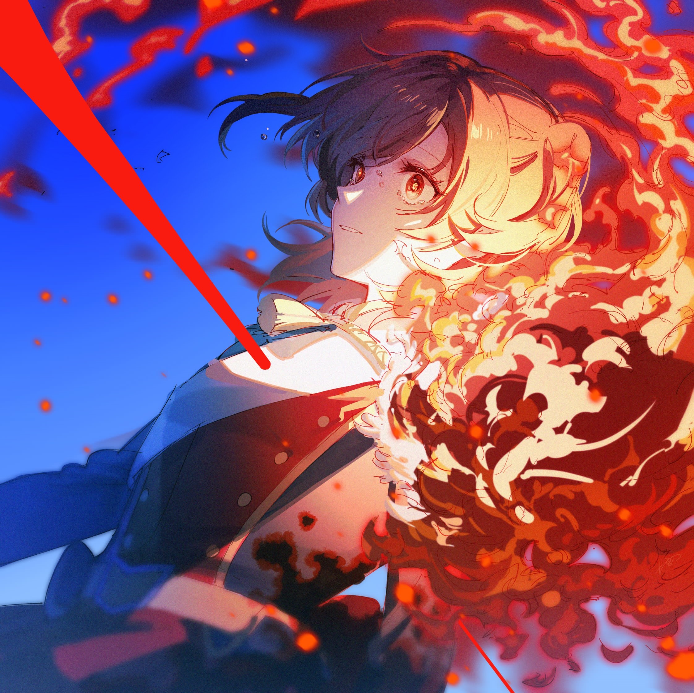 Anime girl engulfed in flames with red laser HD Wallpaper