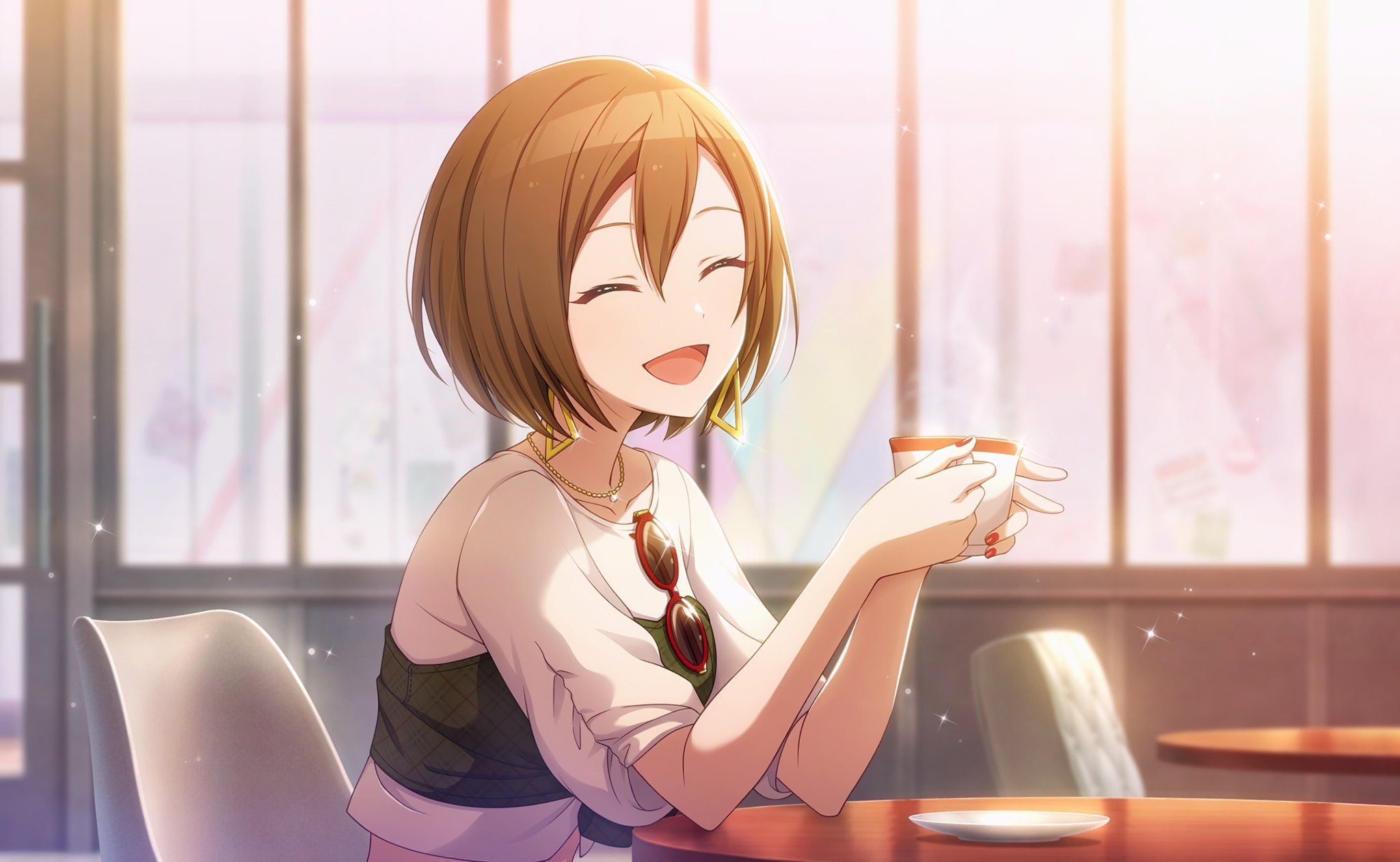 Meiko smiling with a cup of coffee in a cafe HD Wallpaper