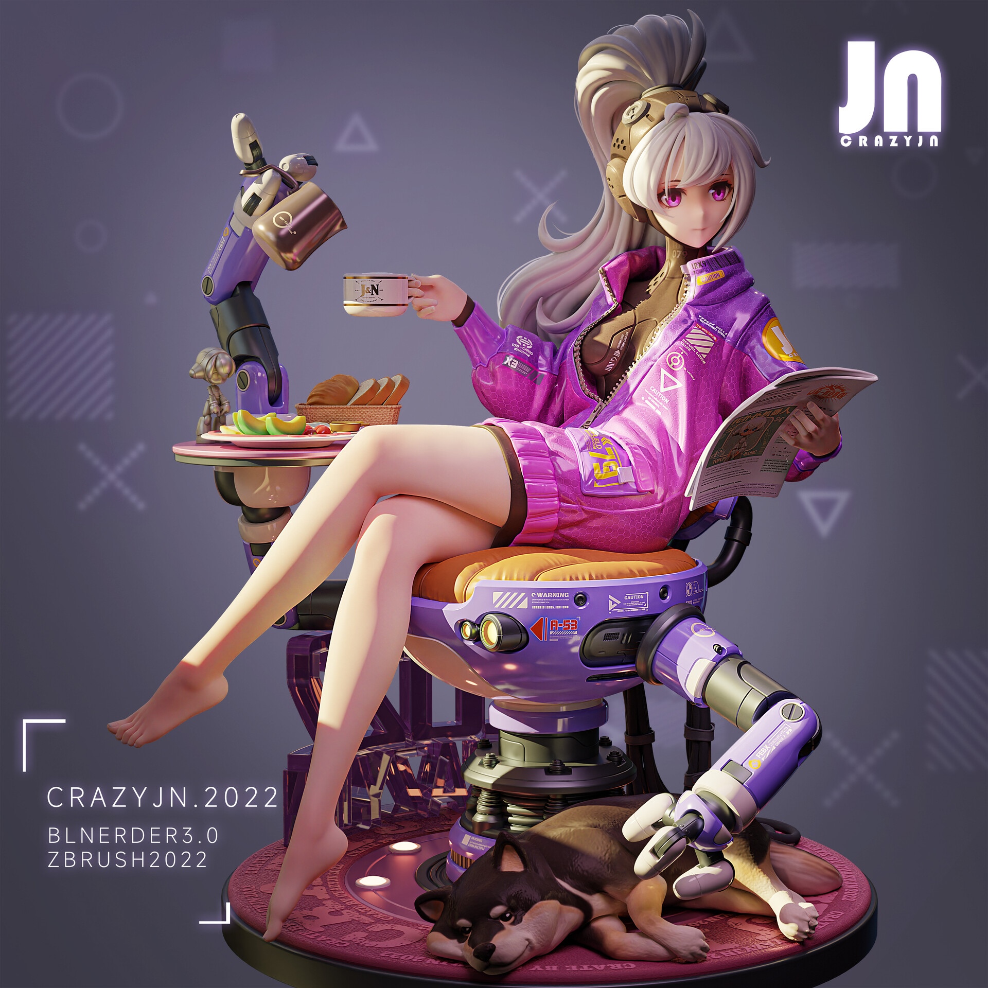 Futuristic Girl with Dog and Robot Arm HD Wallpaper