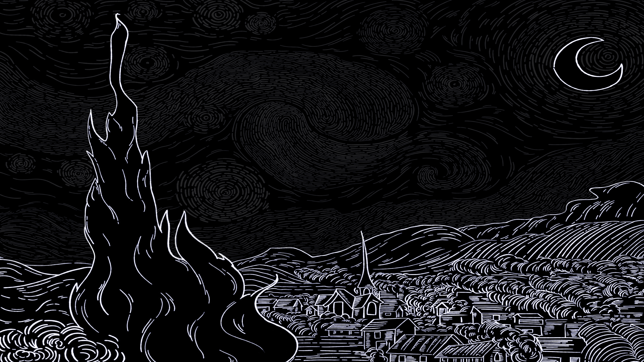 Starry night with a village and a large flame HD Wallpaper