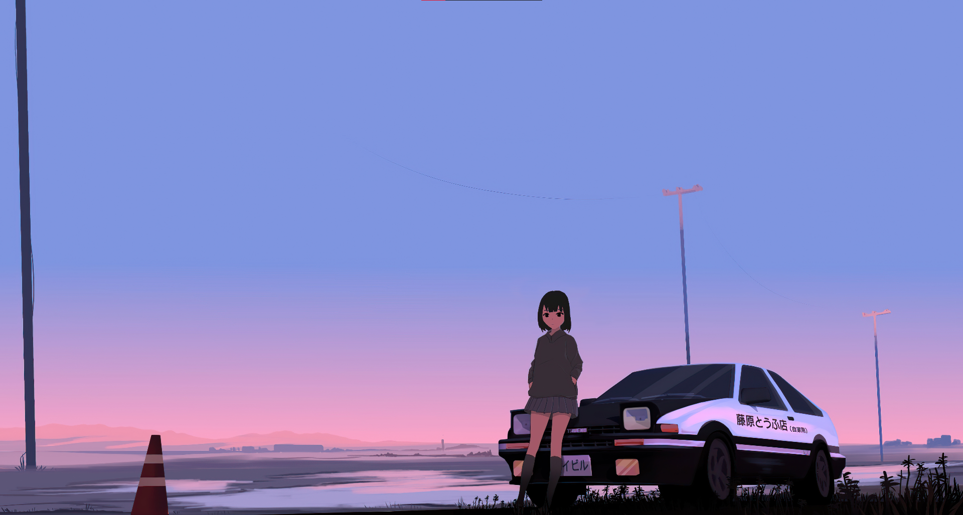Girl and Toyota AE86 car at sunset HD Wallpaper