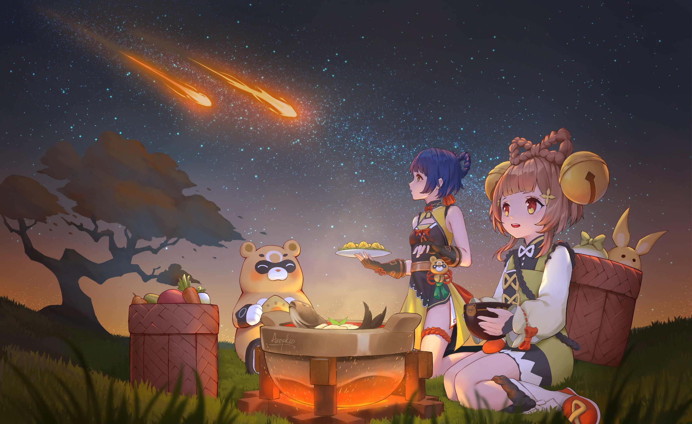 Xiangling and Yaoyao with Guoba under meteor shower HD Wallpaper