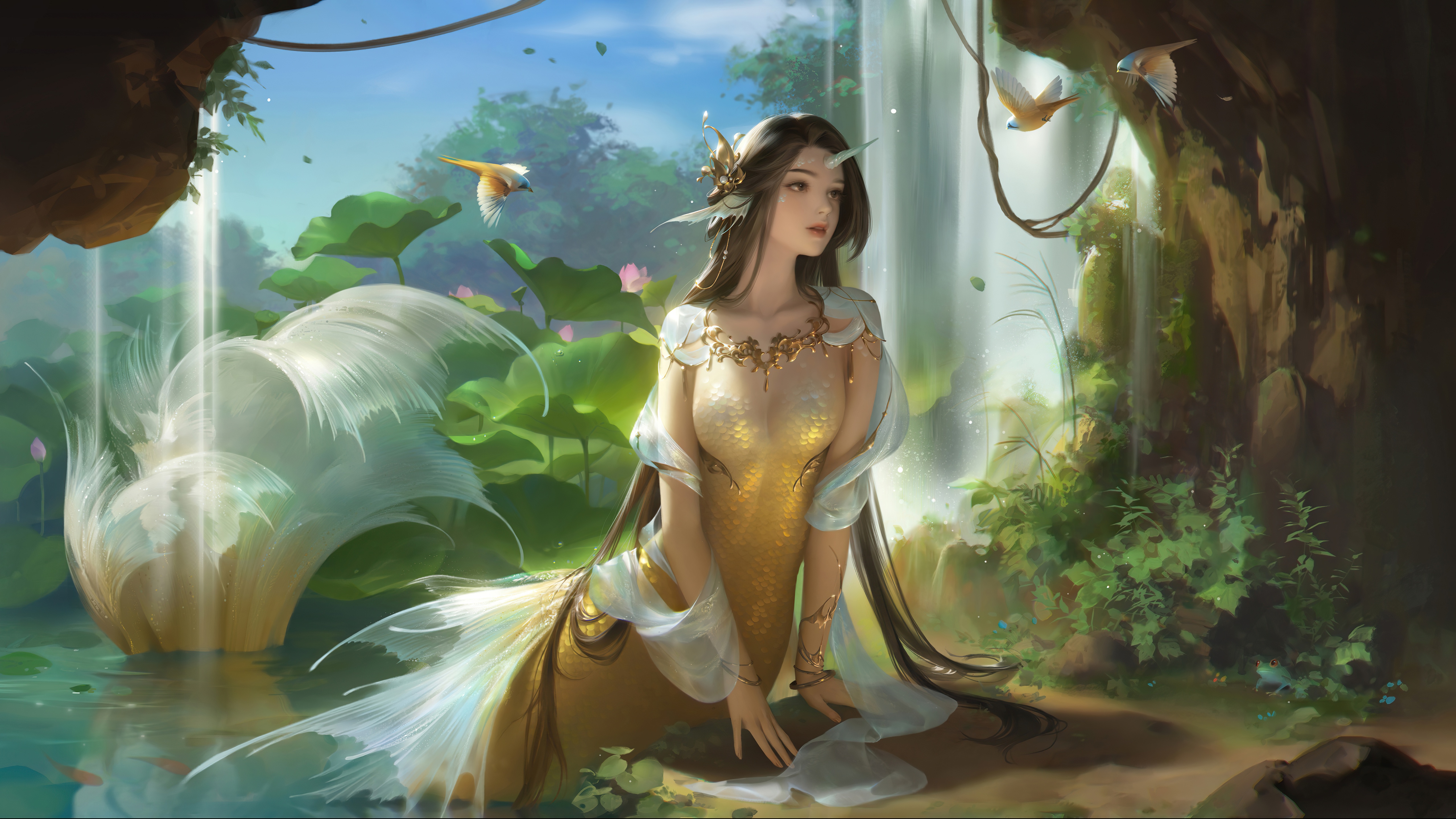 Fantasy art of a mermaid by a waterfall with birds HD Wallpaper