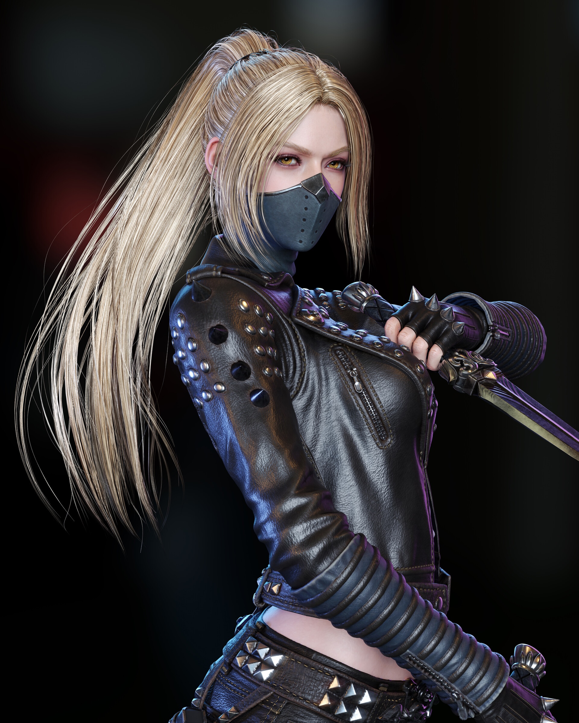 Woman with blonde ponytail, mask, and leather jacket HD Phone Wallpaper