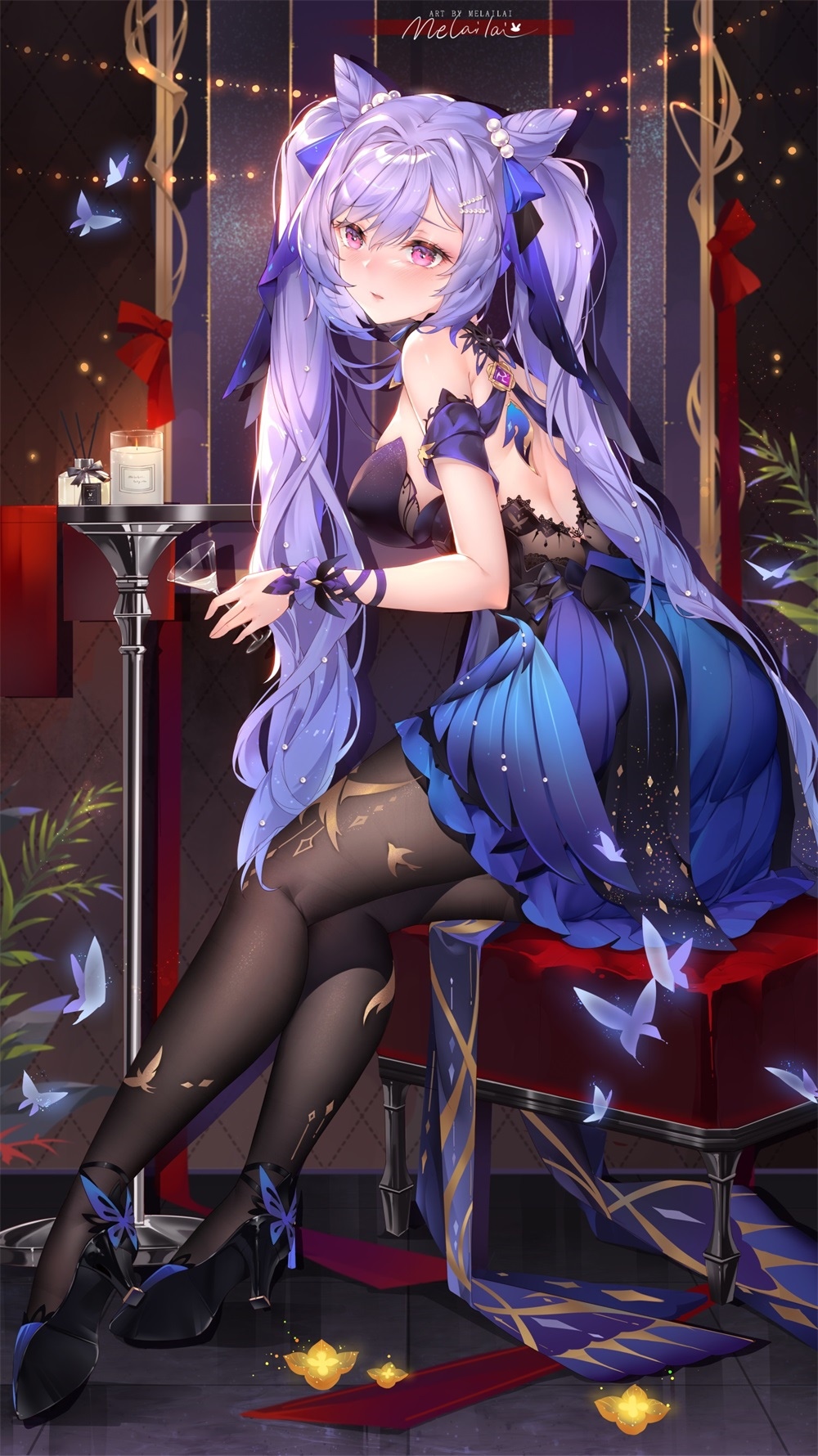 Keqing from Genshin Impact in a blue dress HD Phone Wallpaper
