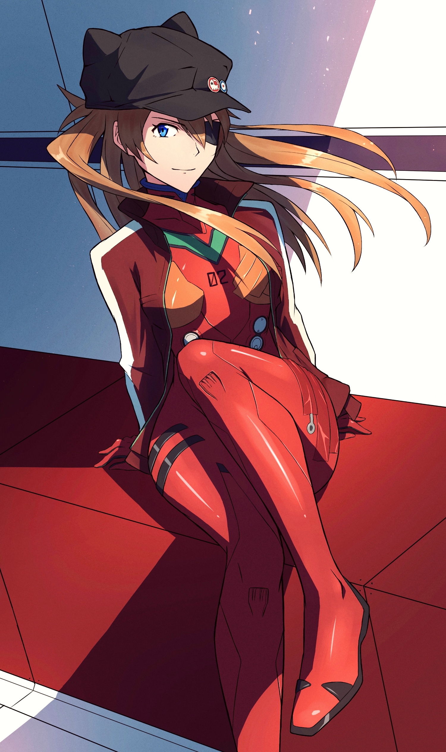 Asuka Langley Soryu in a red bodysuit and baseball cap HD Phone Wallpaper
