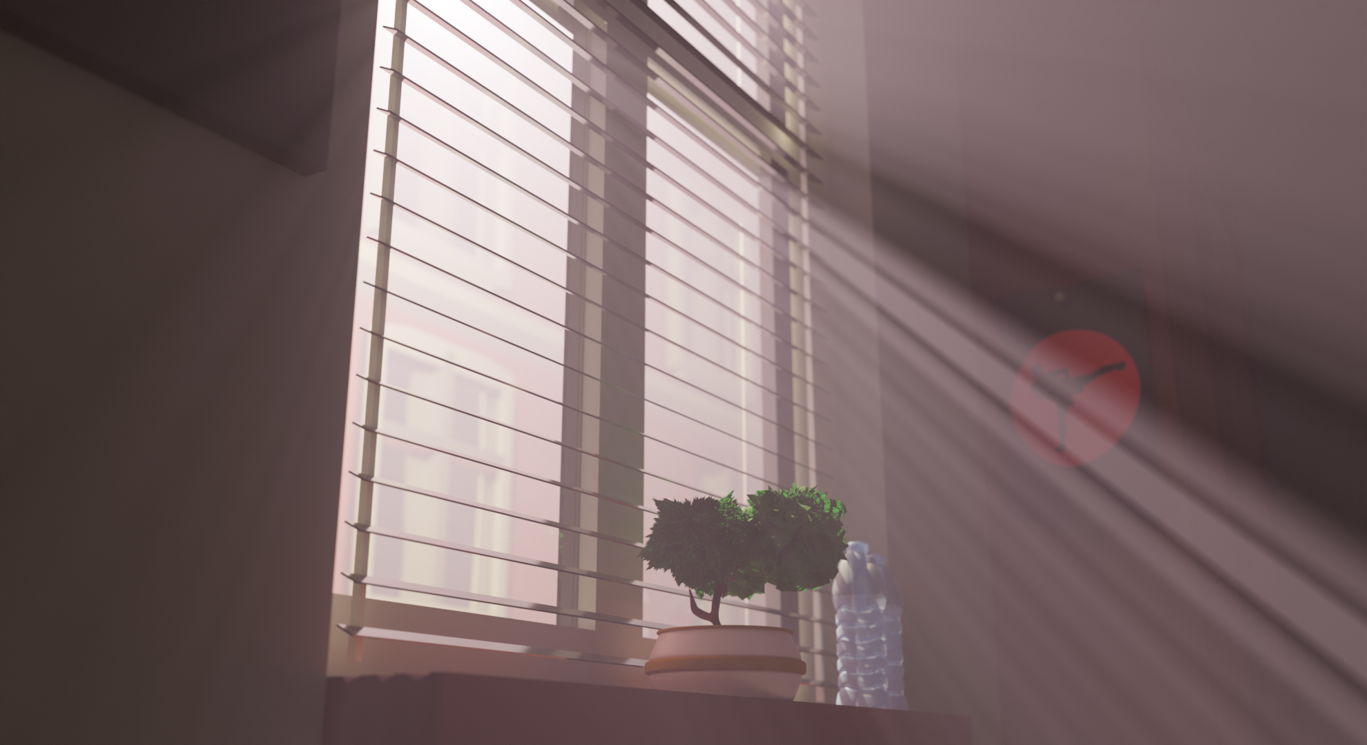 Sun rays through blinds onto a plant and bottle HD Wallpaper