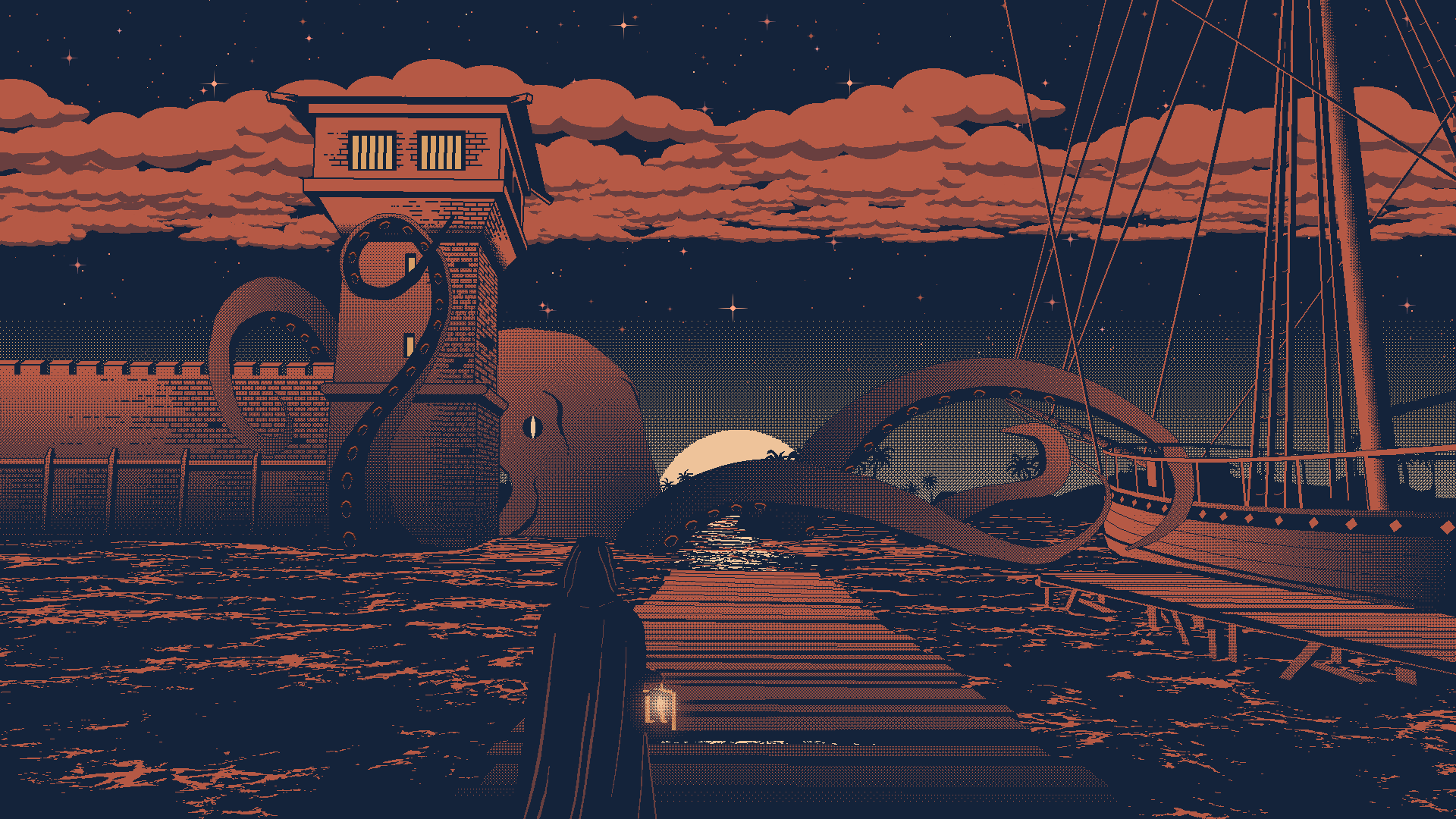 Pixel art night scene with kraken and ship HD Wallpaper