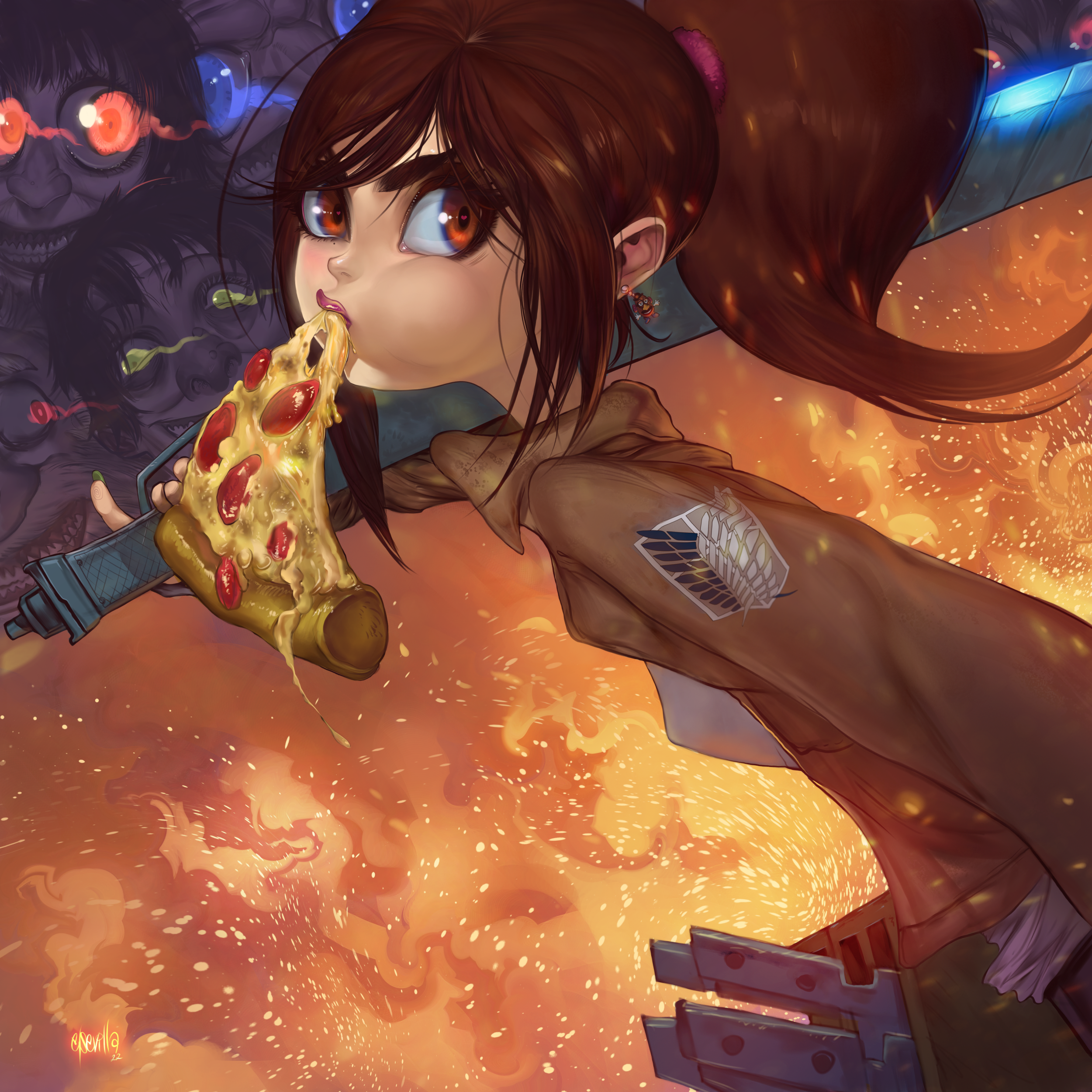 Sasha Braus eating pizza with Titans in the background HD Wallpaper