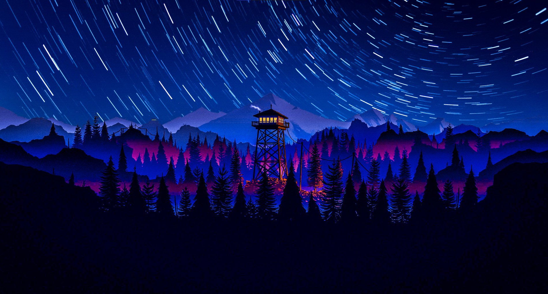 Firewatch tower under star trails in a forest HD Wallpaper