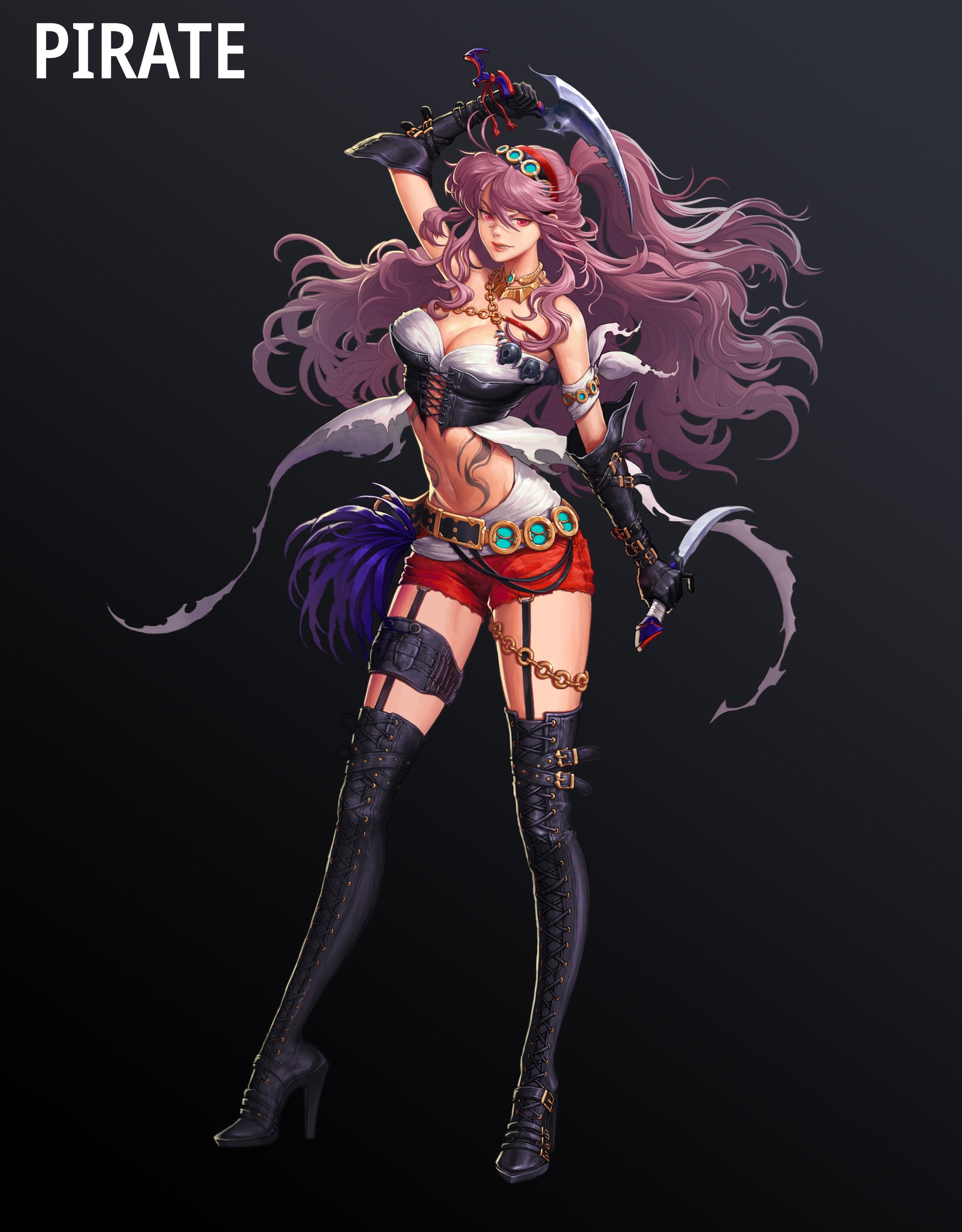 Pirate woman with pink hair and weapons HD Phone Wallpaper