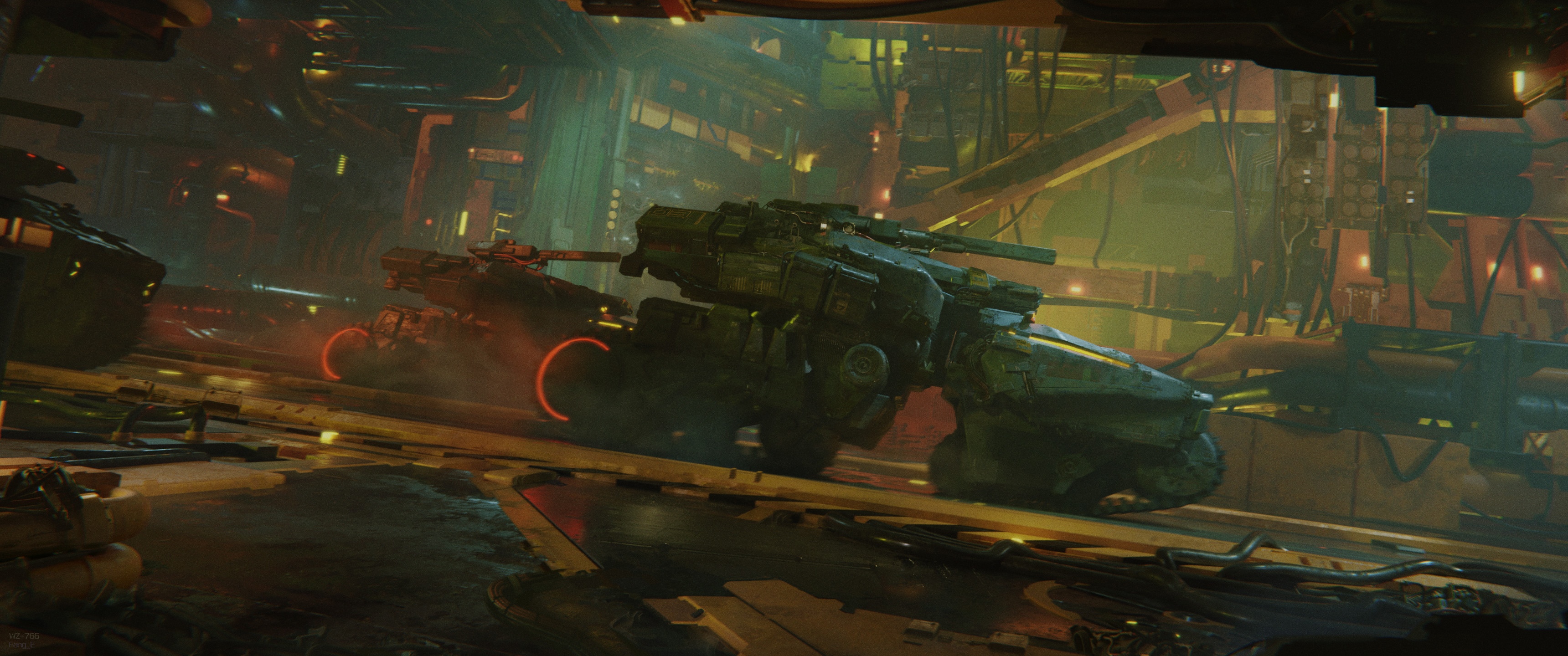Futuristic military vehicles in a gritty industrial setting HD Wallpaper