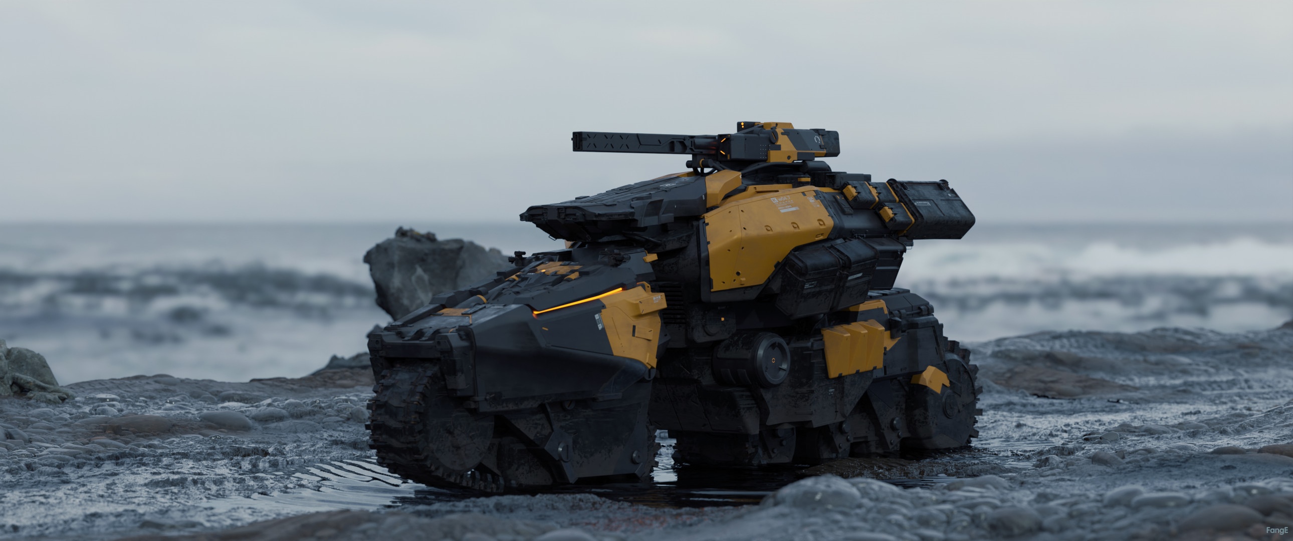Futuristic military vehicle on a rocky shore HD Wallpaper