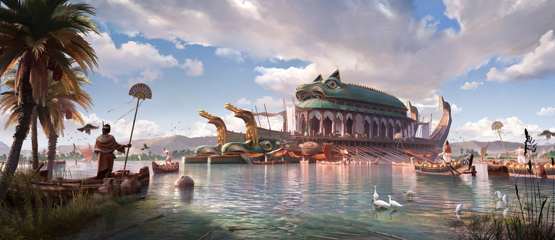 Fantasy art of a large ancient Egyptian-style ship on a lake HD Wallpaper