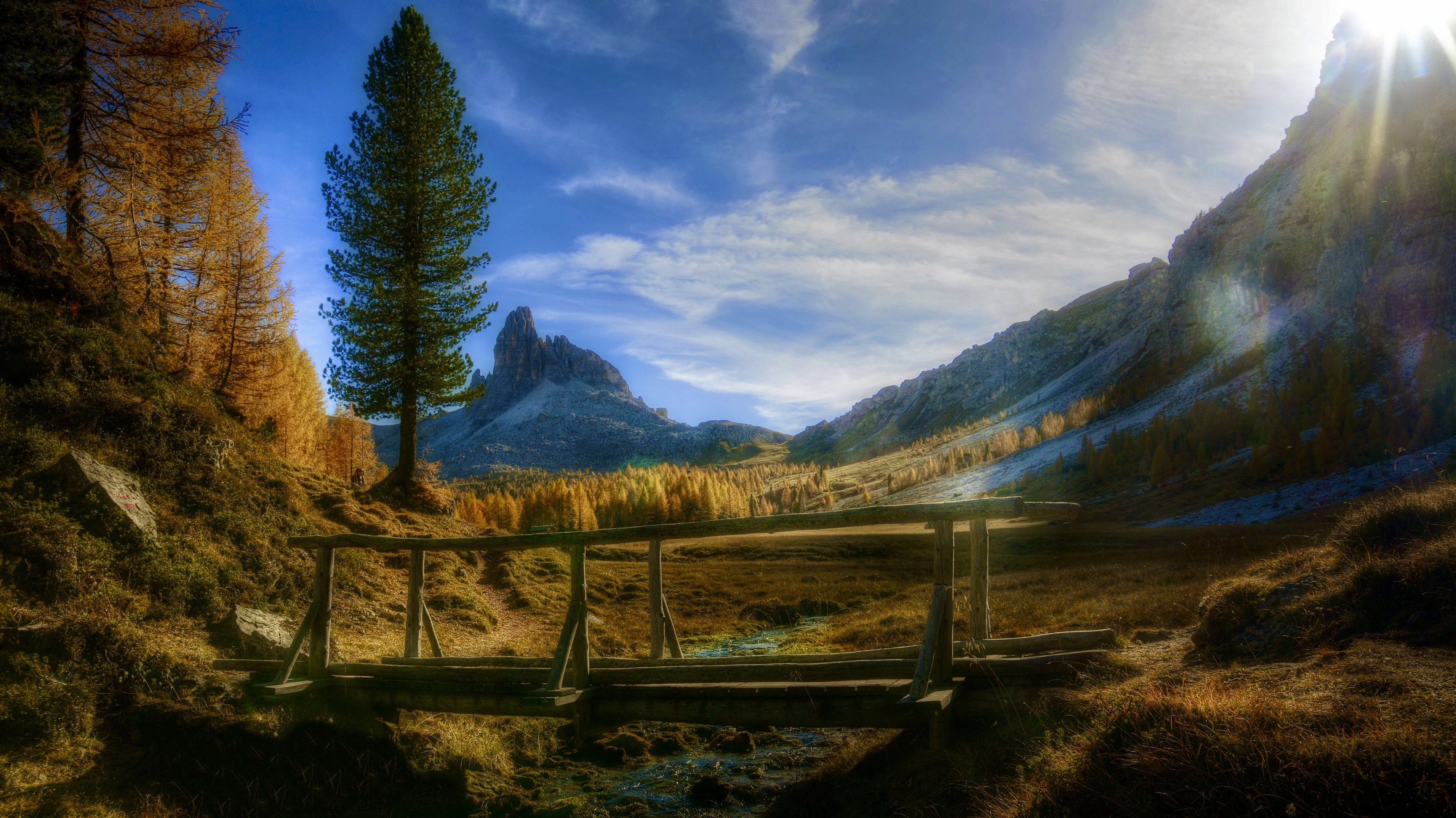 4K mountains landscape with footbridge in fall HD Wallpaper