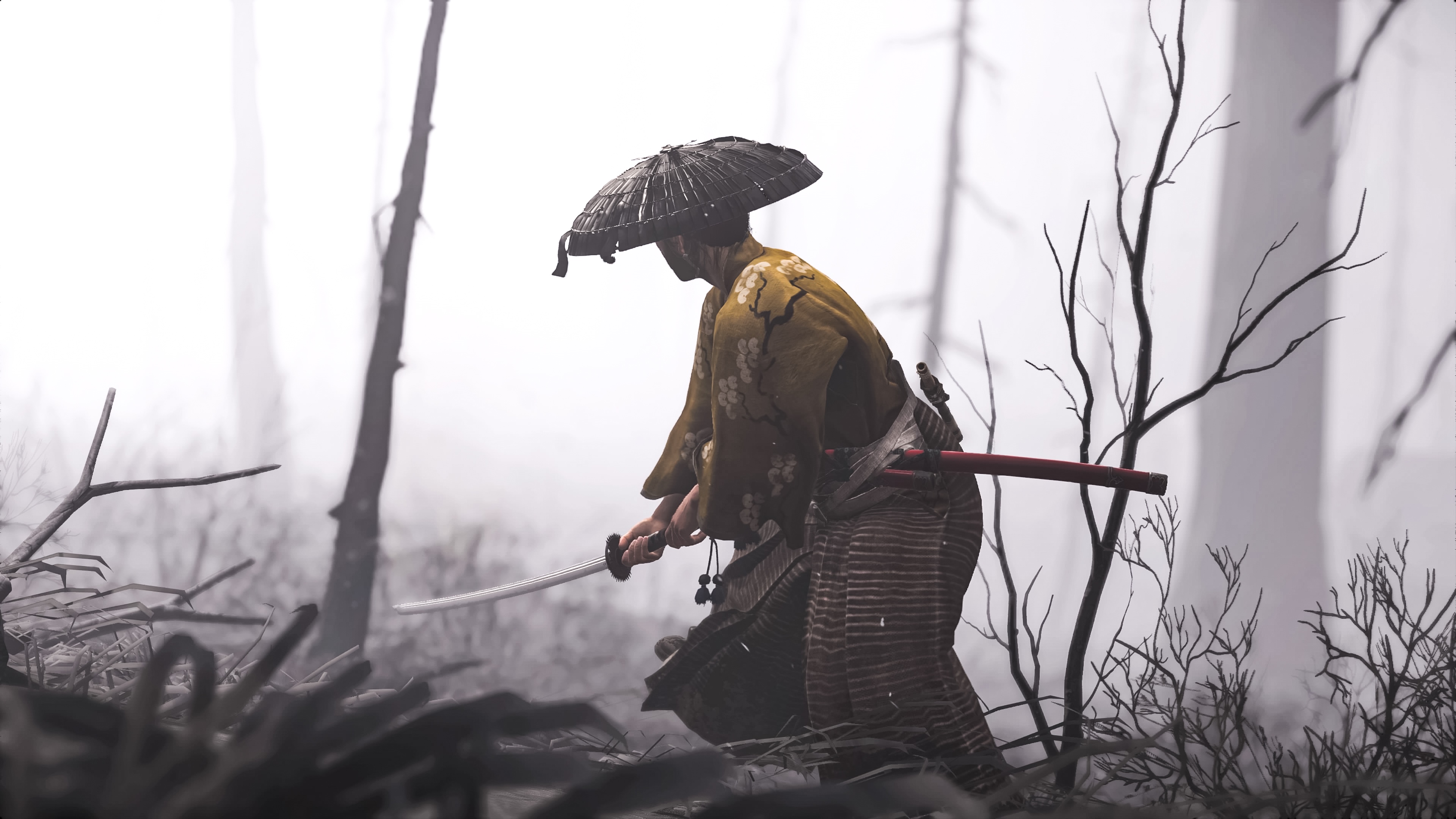 Ghost of Tsushima Samurai in Foggy Forest HD Wallpaper