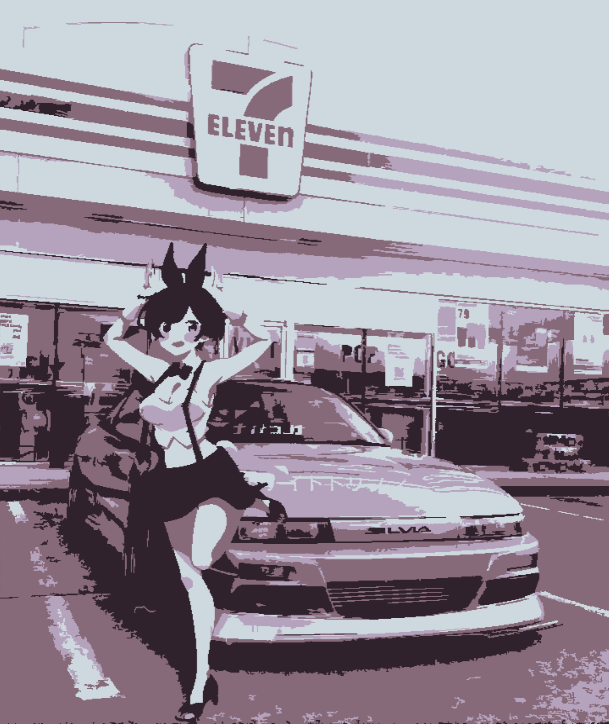 Anime girl and Nissan Silvia at 7-Eleven HD Phone Wallpaper