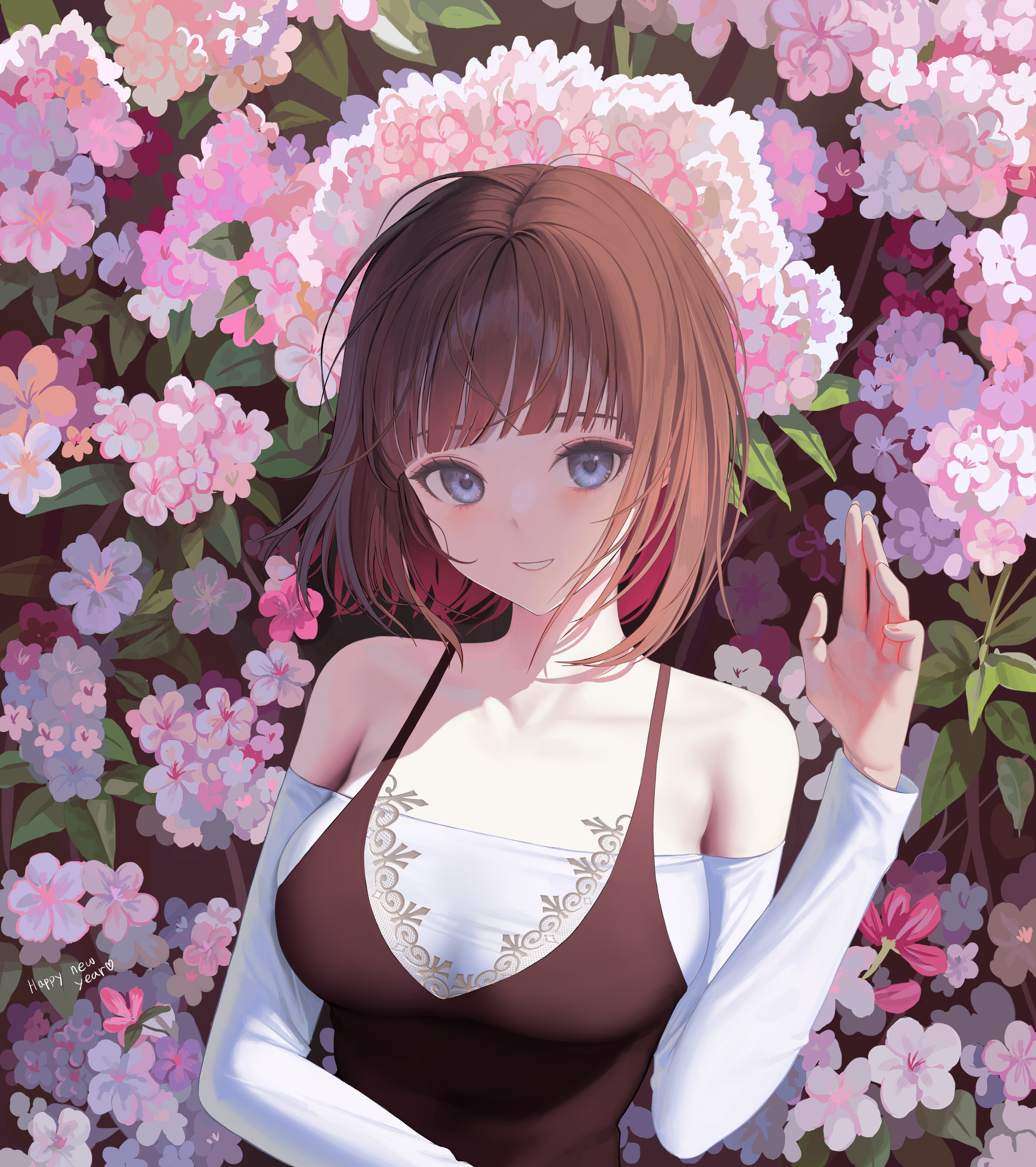 Anime girl with brown hair and blue eyes among flowers HD Phone Wallpaper