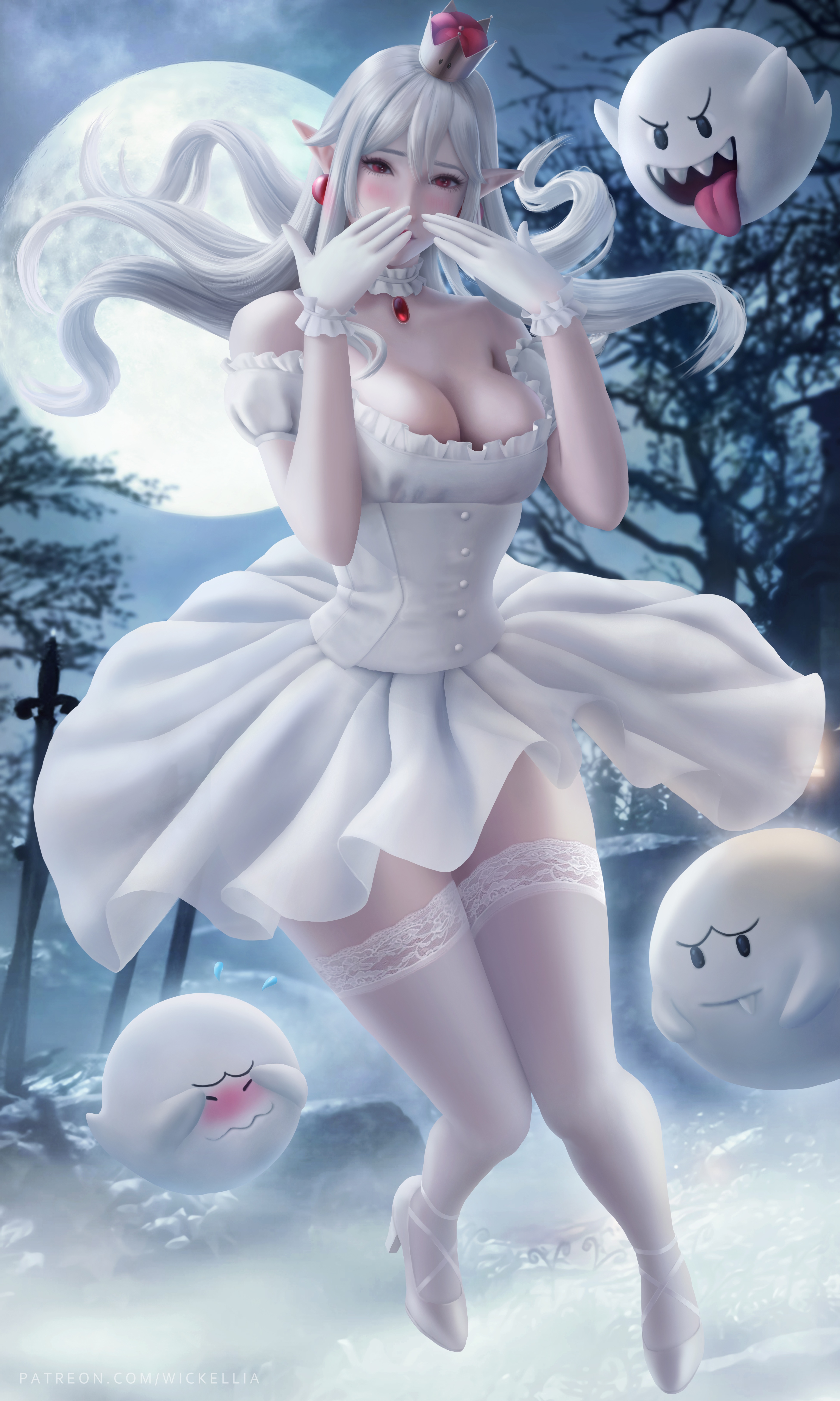 Boosette in a white dress with Boos under the moonlight HD Phone Wallpaper