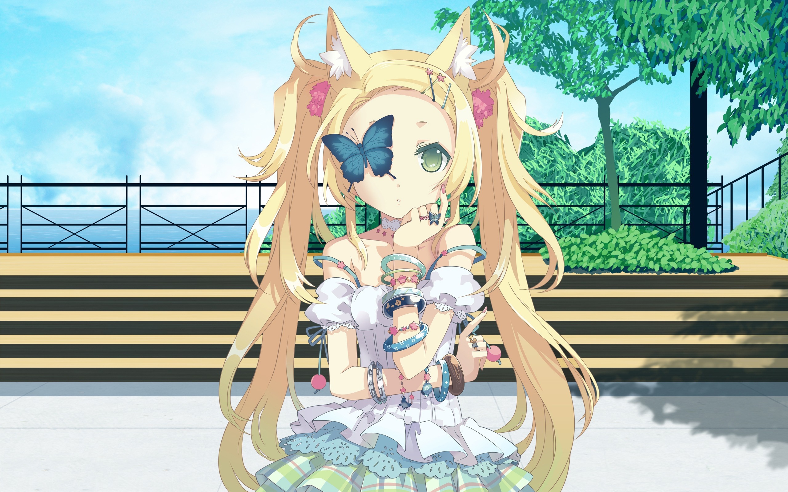 Anime girl with blonde twintails and butterfly on face HD Wallpaper
