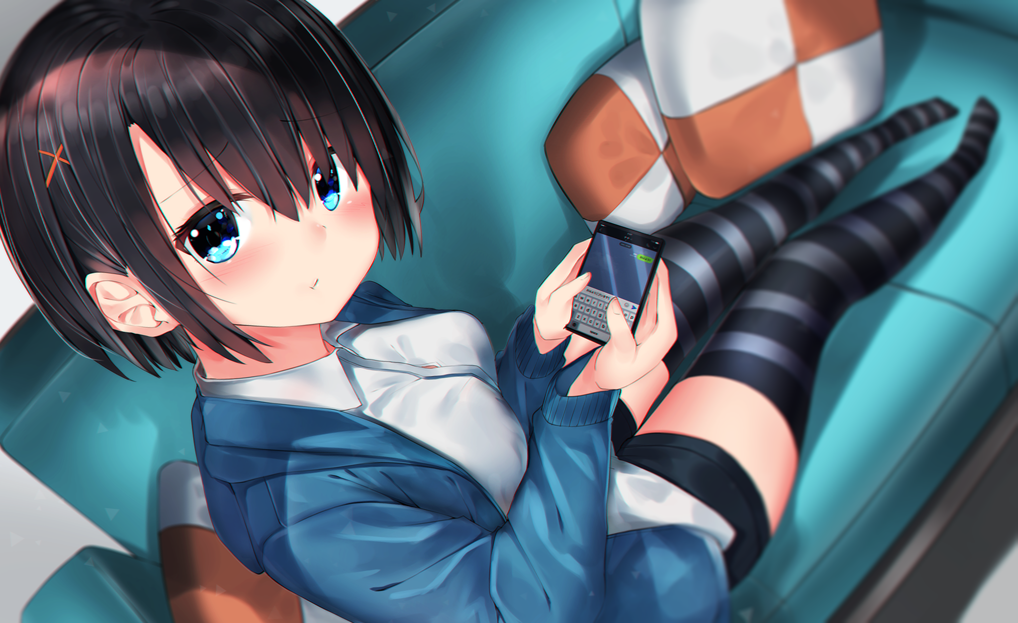 Neku with blue eyes and dark hair on a couch HD Wallpaper