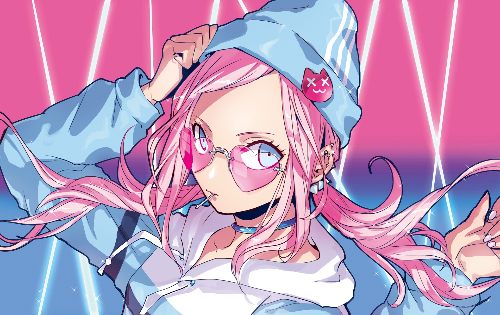 Girl with pink hair and heart sunglasses HD Wallpaper