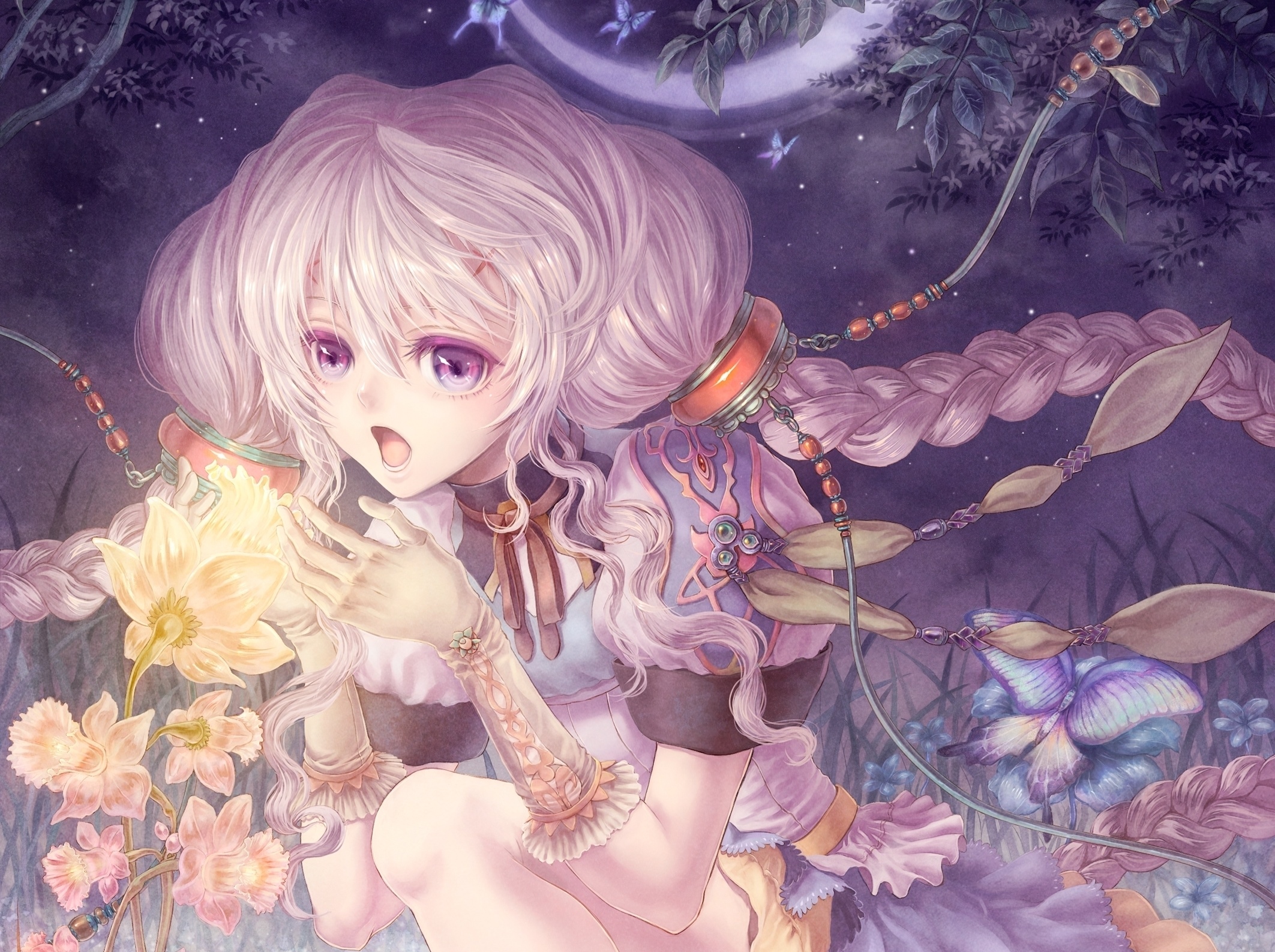 Anime girl with braids holding glowing flowers at night HD Wallpaper