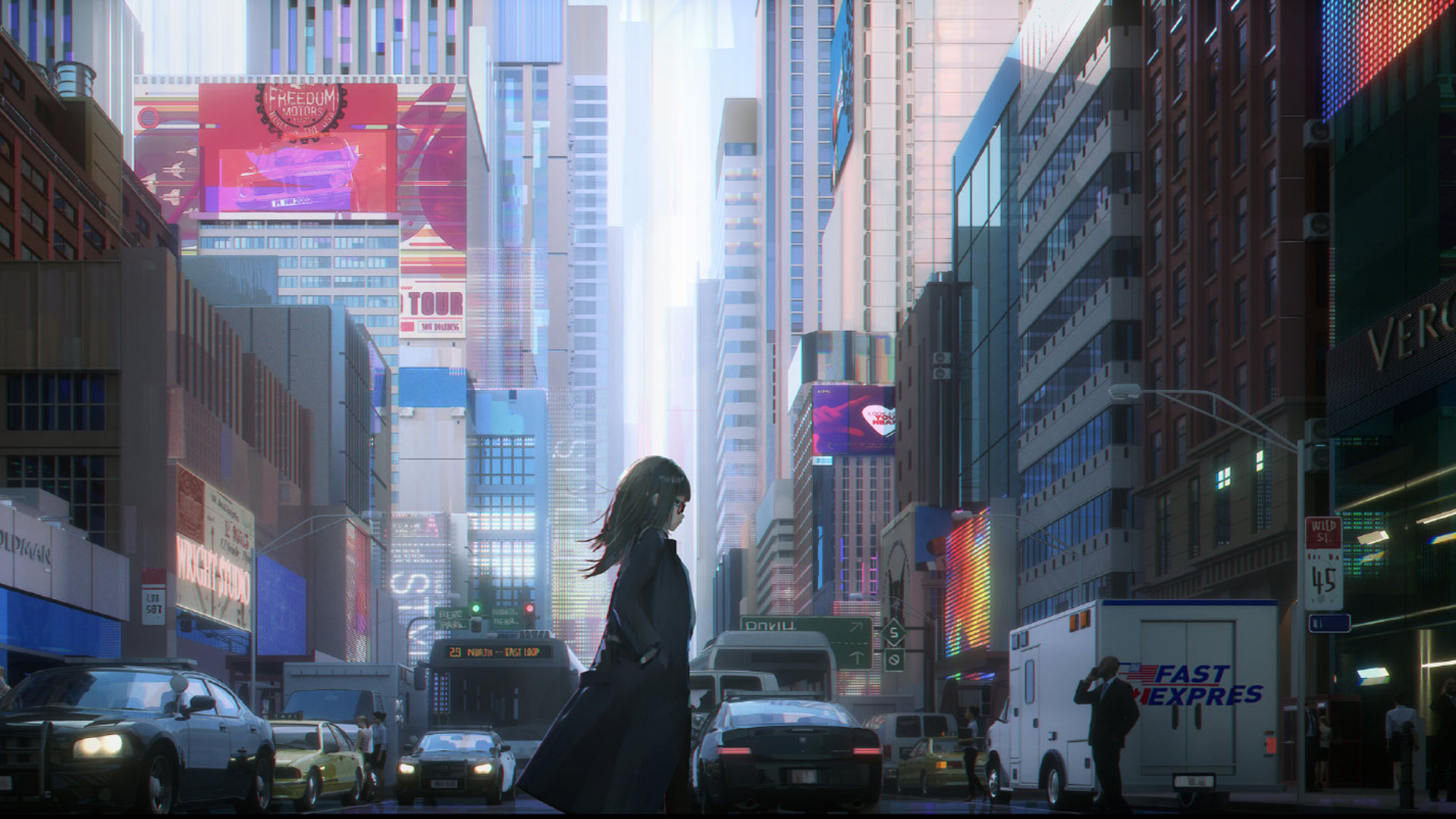 Girl in a coat walks through a futuristic city street HD Wallpaper
