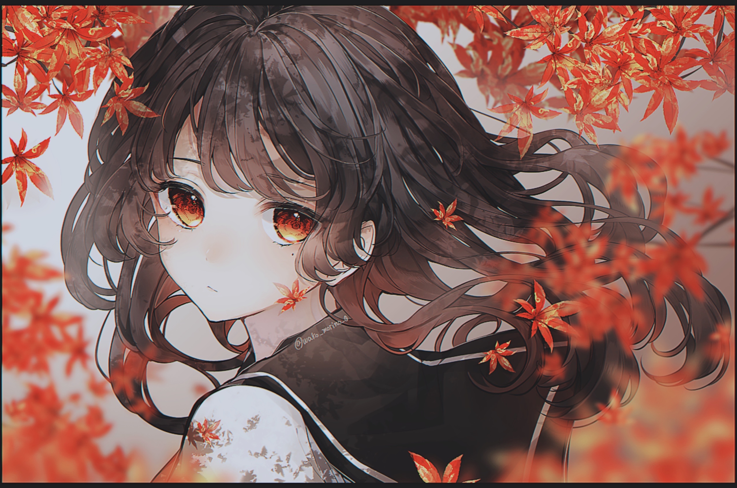 Anime girl with dark hair and red eyes in fall HD Wallpaper