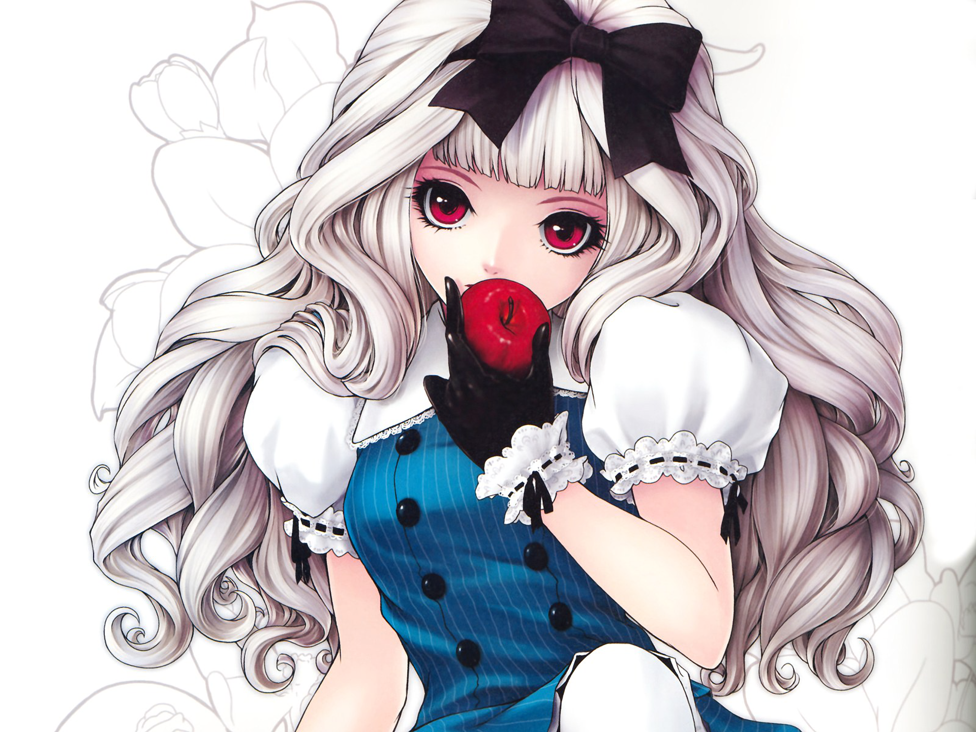 Girl with white hair and red eyes holding an apple HD Wallpaper