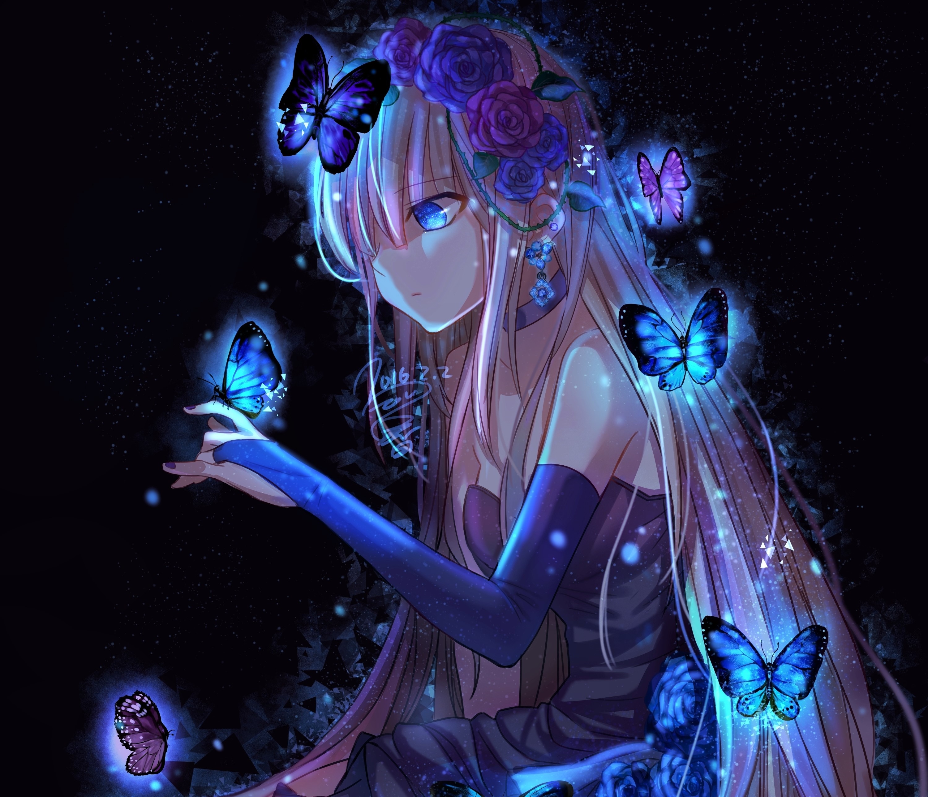Anime girl with blue butterflies and roses HD Wallpaper