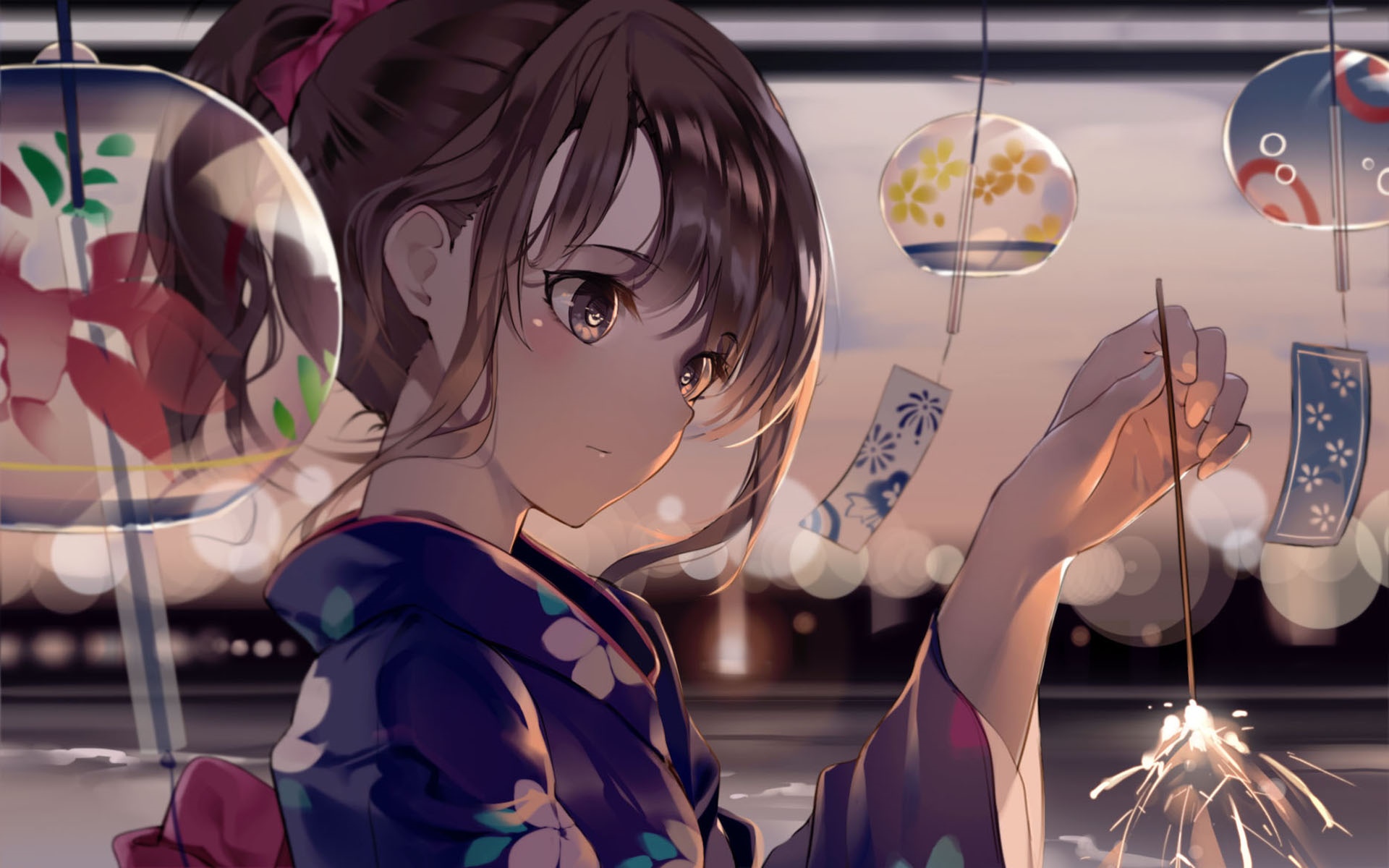 Girl in Yukata Holding a Sparkler with Wind Chimes HD Wallpaper