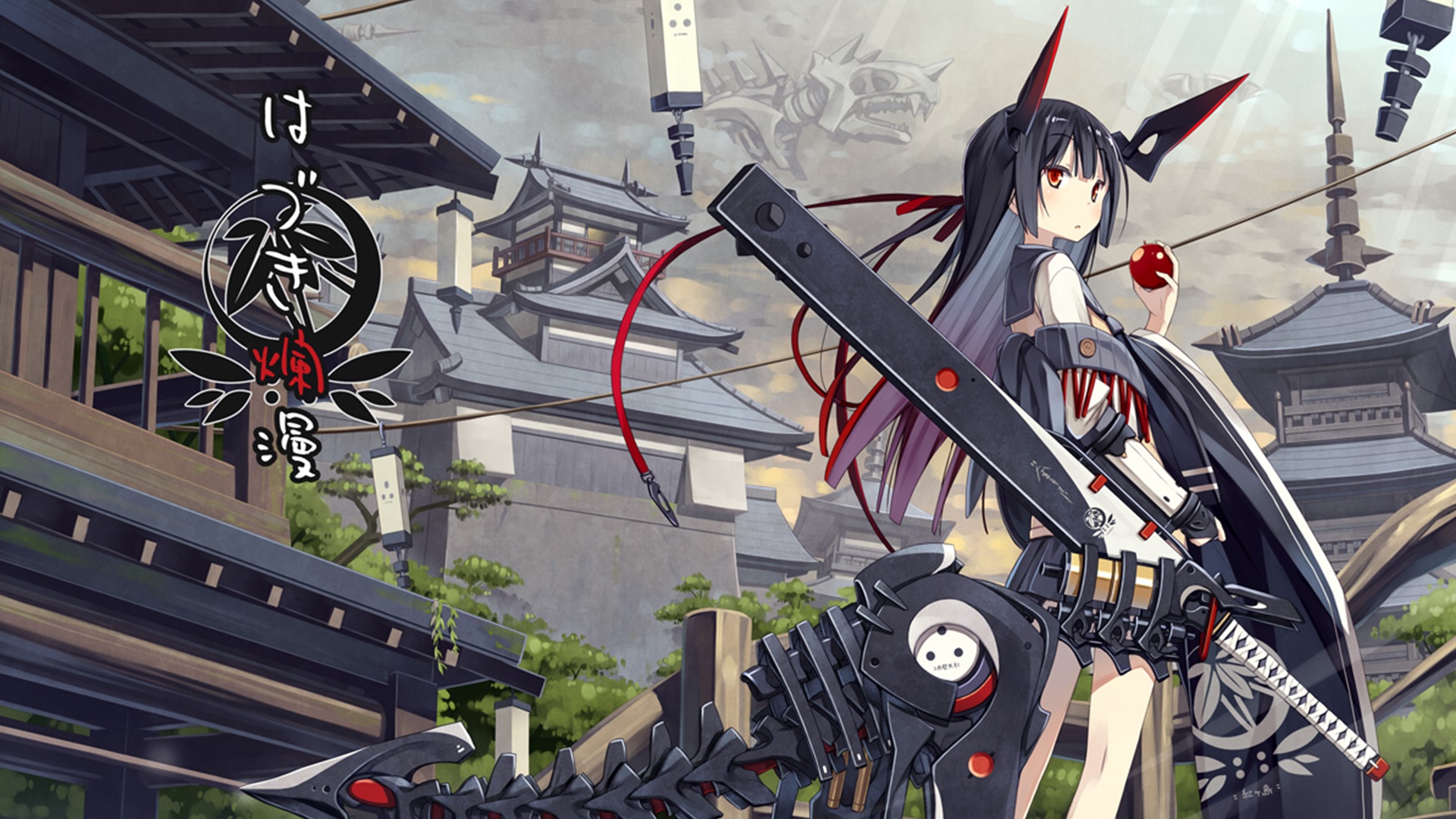 Anime girl with large sword in front of Japanese castle HD Wallpaper