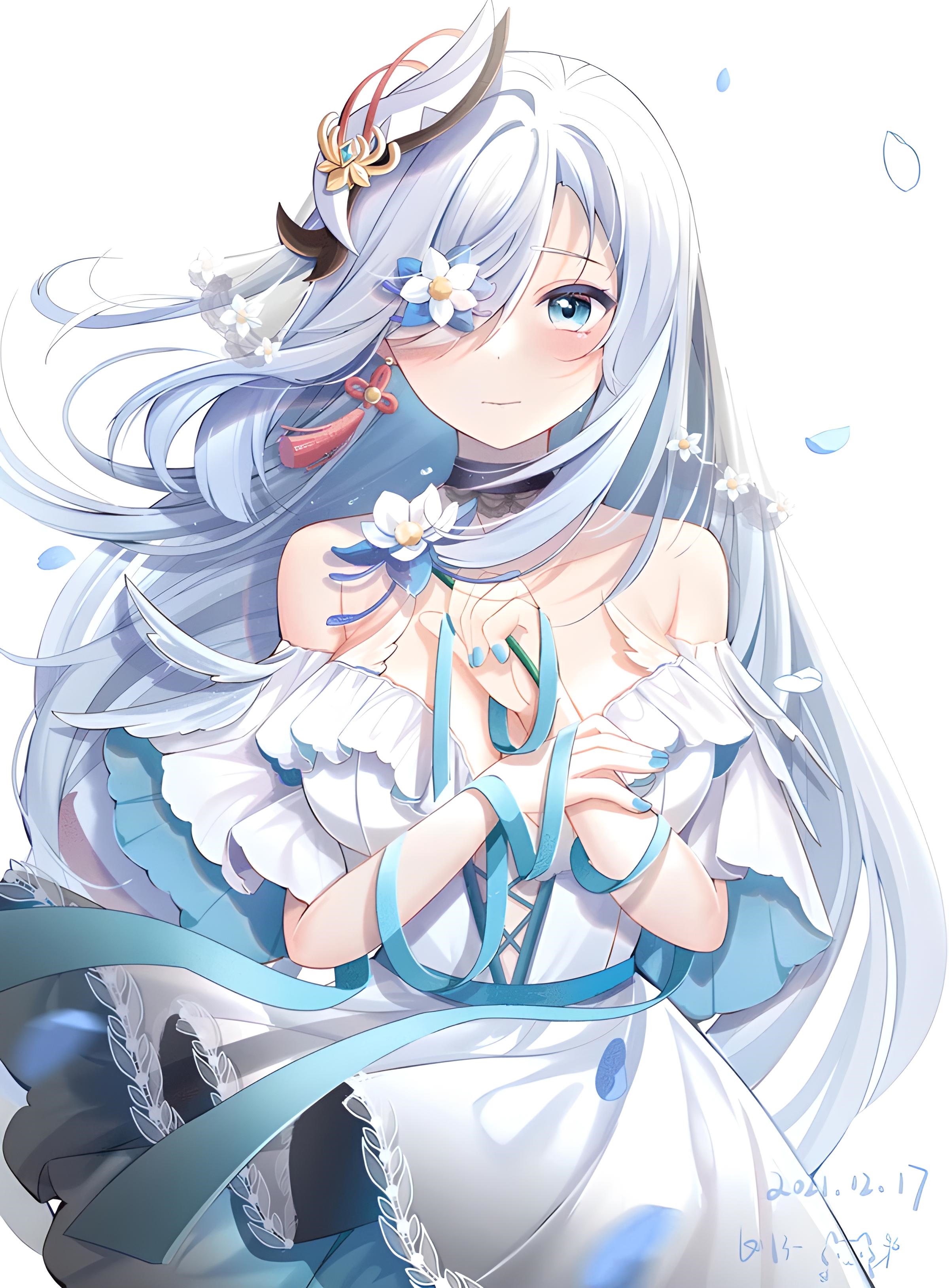 Shenhe from Genshin Impact in a white and blue dress HD Phone Wallpaper