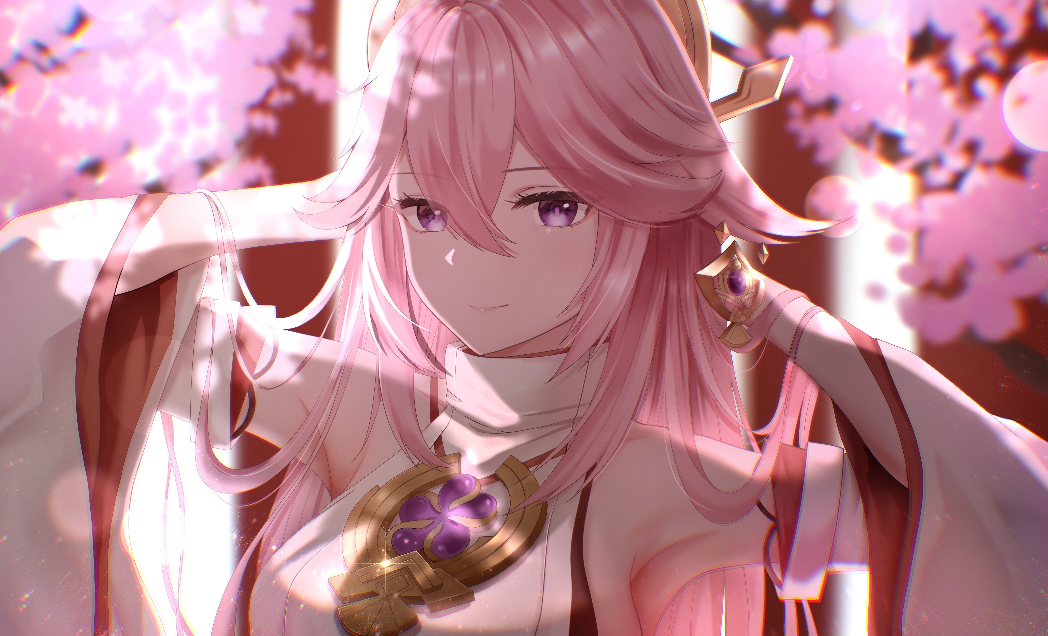 Yae Miko from Genshin Impact with pink hair and cherry blossoms HD Wallpaper