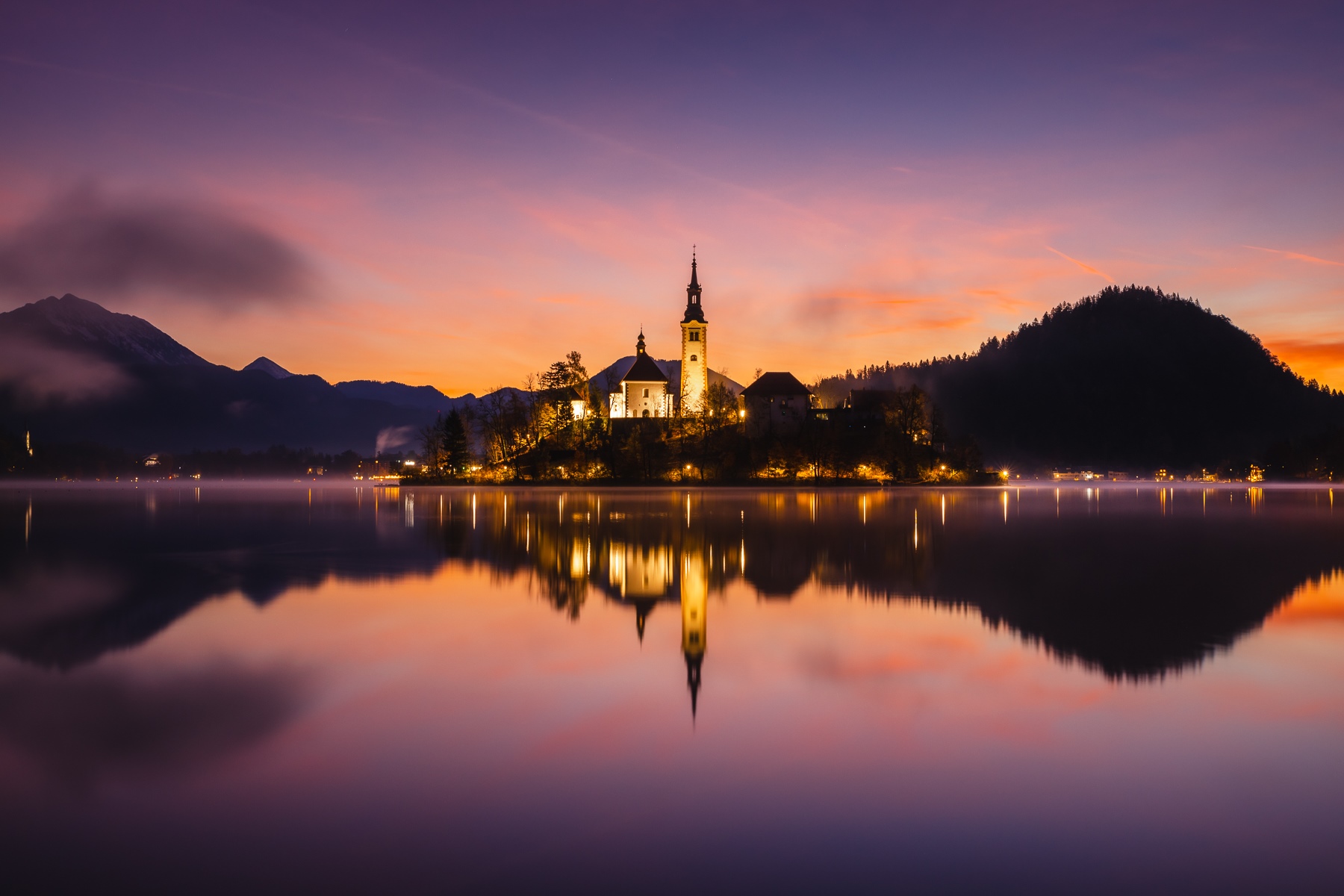 Lake Bled at night with church reflection HD Wallpaper