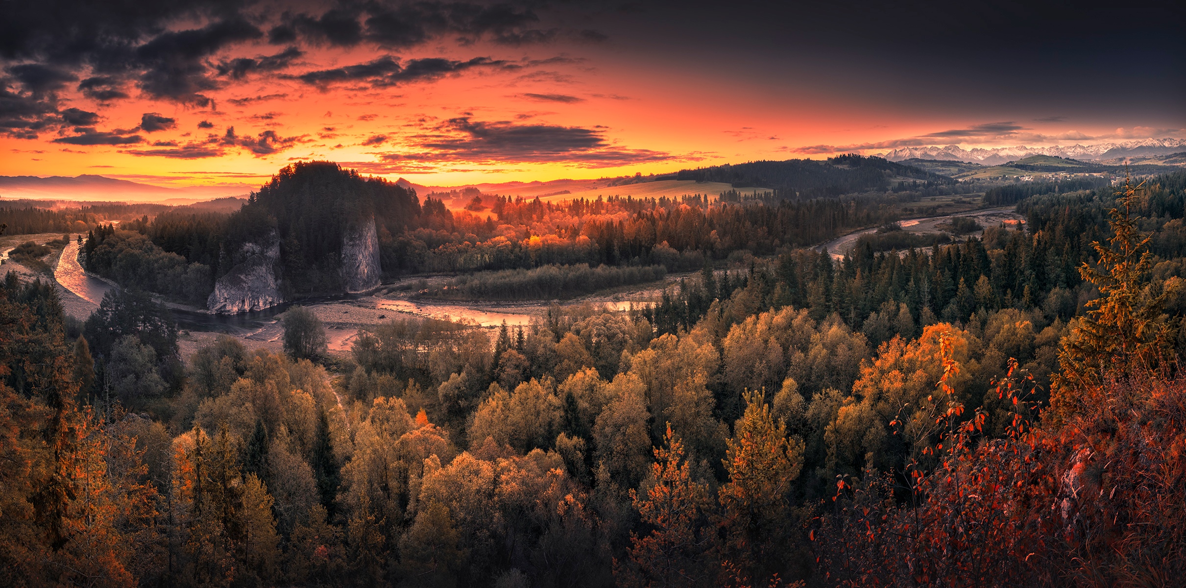 River and forest landscape at sunset HD Wallpaper