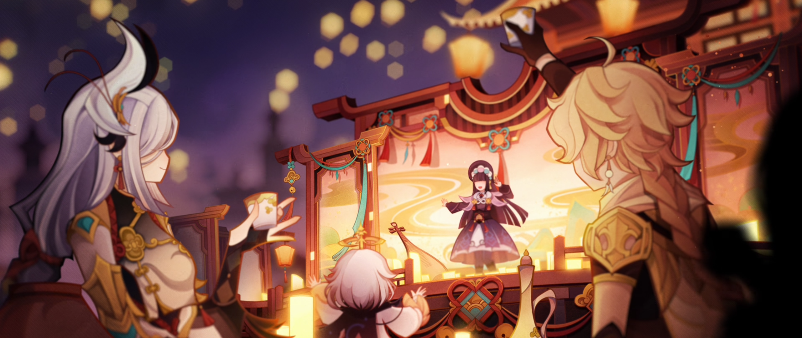Genshin Impact: Shenhe, Paimon, and Yun Jin at a Festival HD Wallpaper