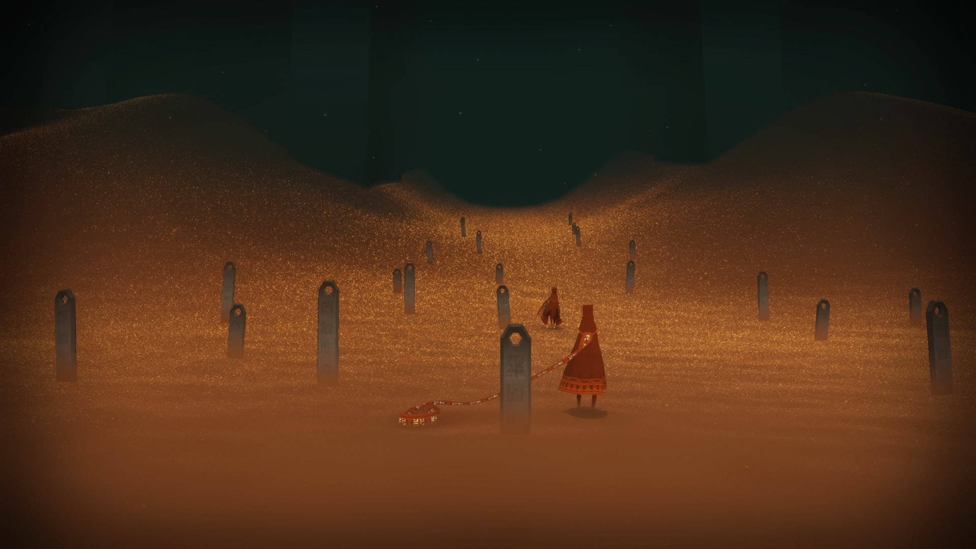 Journey video game art with figures in a desert HD Wallpaper