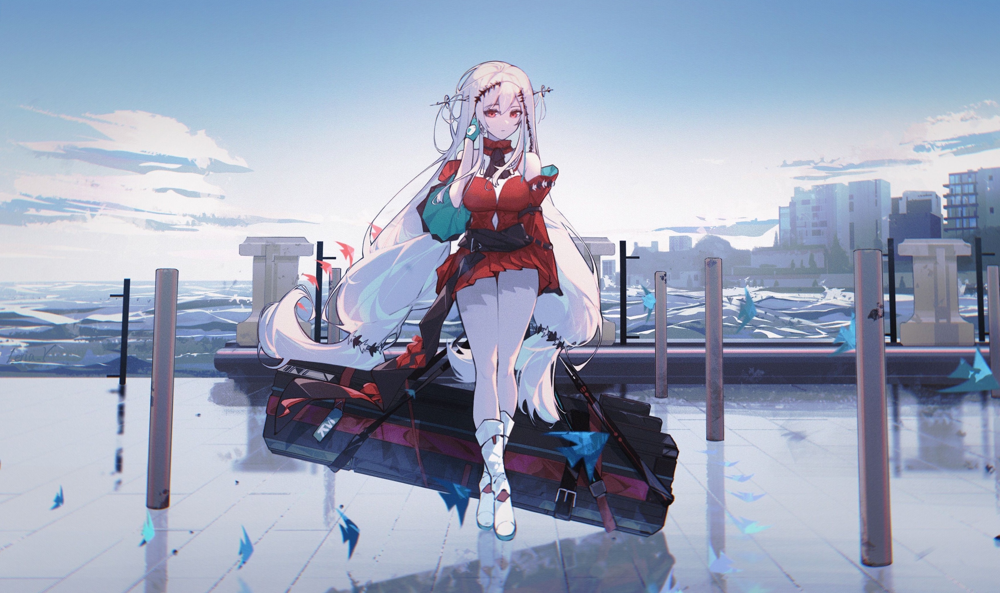 Skadi from Arknights on a waterfront with cityscape HD Wallpaper