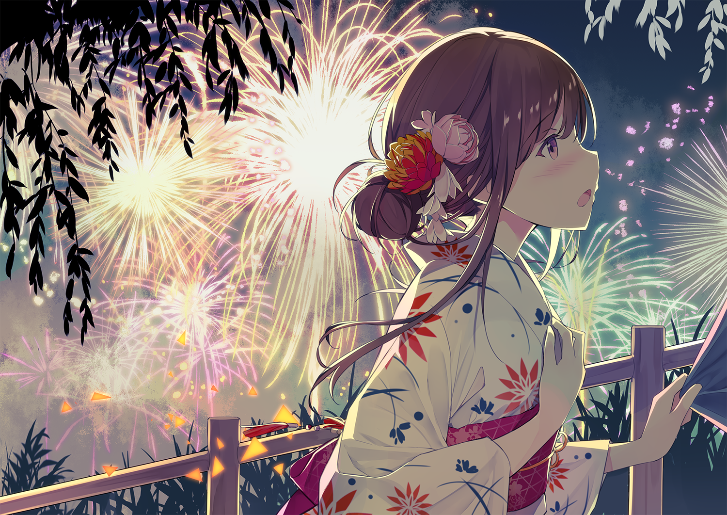 Ashima in a Yukata Watches Fireworks HD Wallpaper