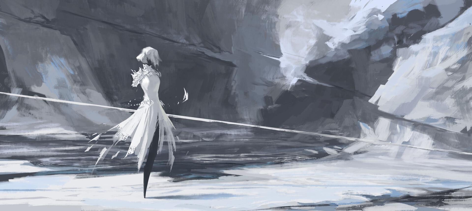 Fantasy art of a woman in a white dress in a snowy landscape HD Wallpaper