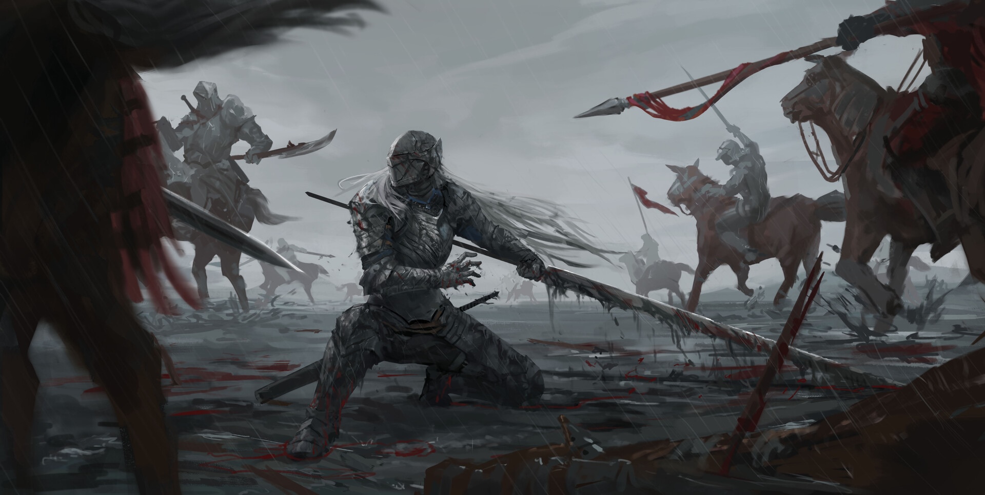 Fantasy art of knights in battle HD Wallpaper